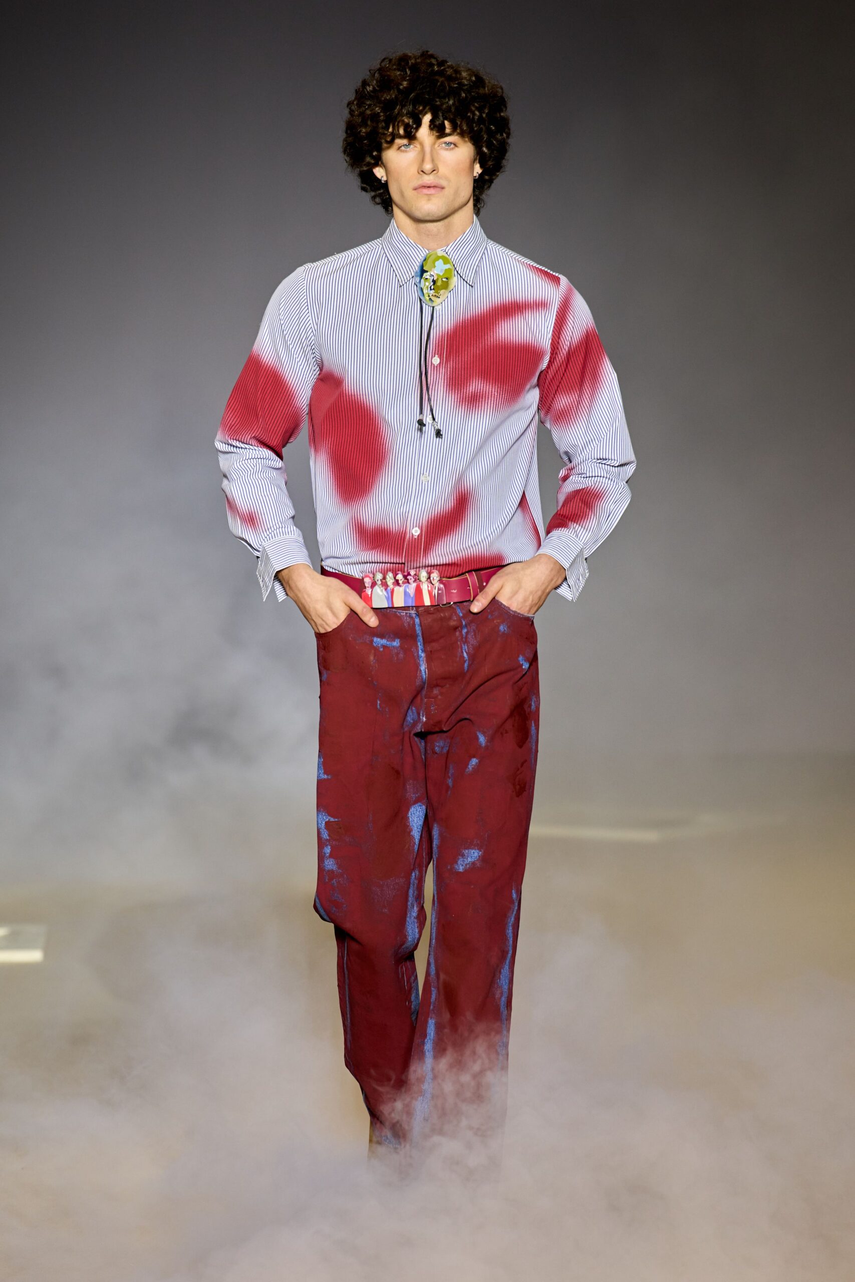 blue and red printed shirt with relaxed pants