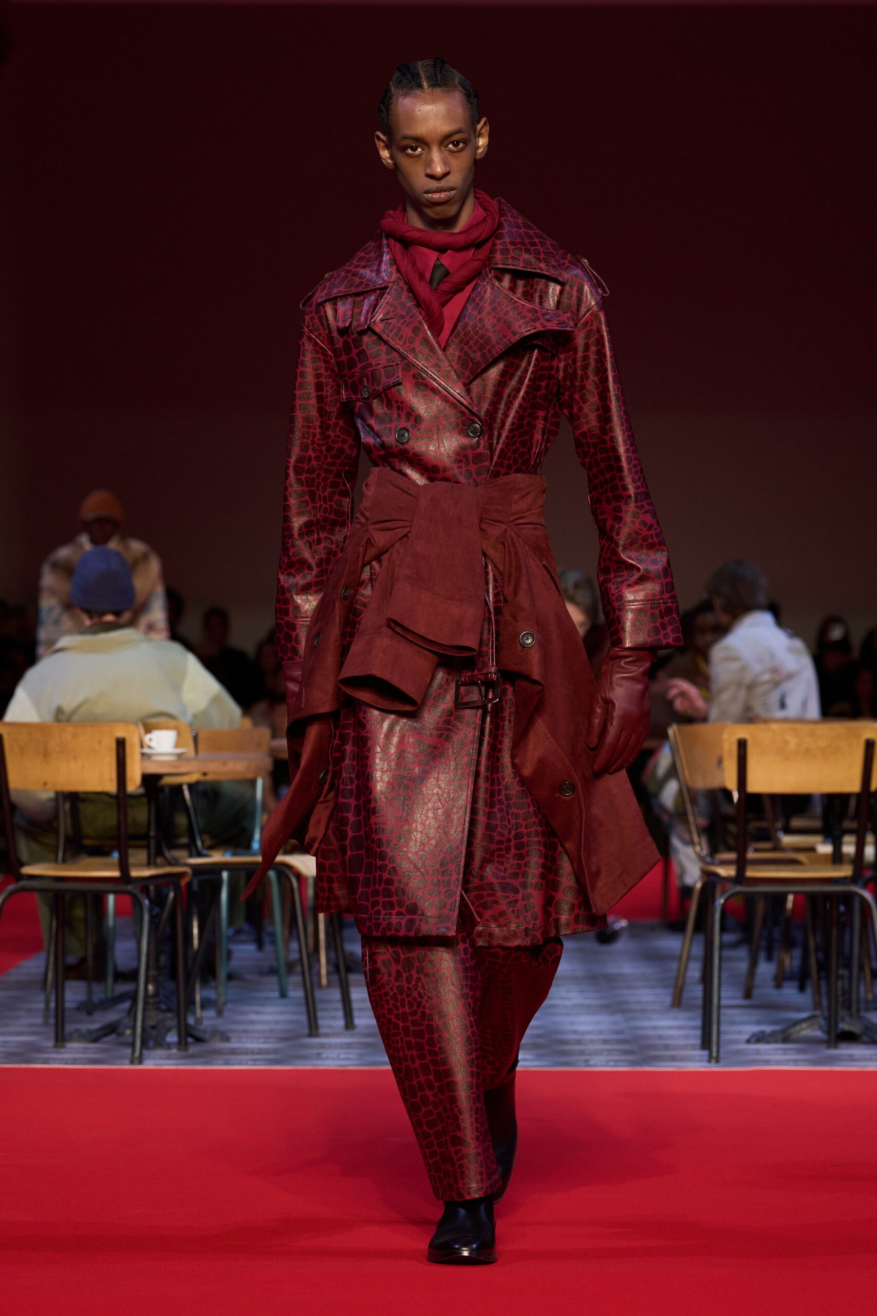red leather long-sleeve collared fitted embellished coat