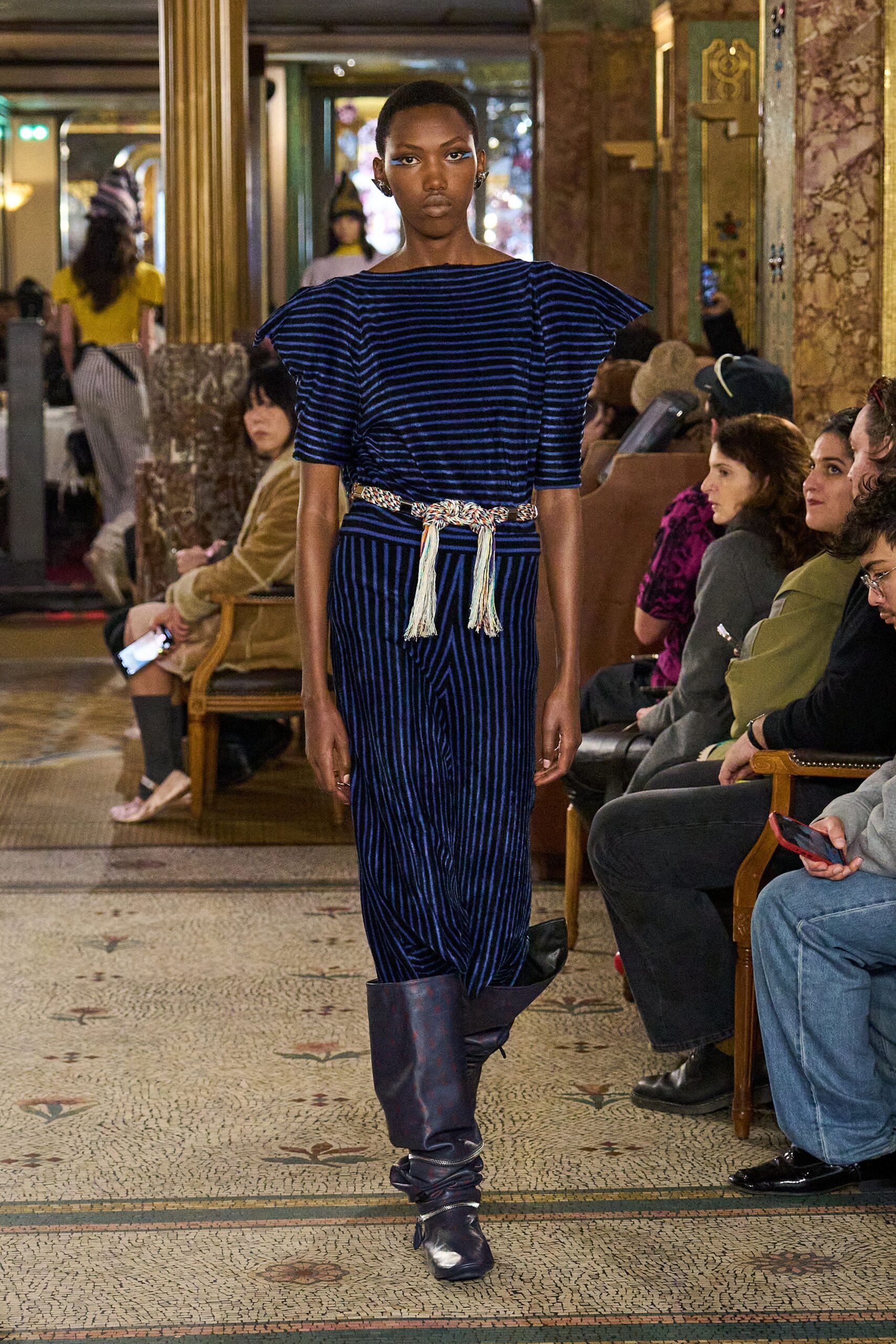 blue velvet off-shoulder short-sleeve fitted striped belted dress