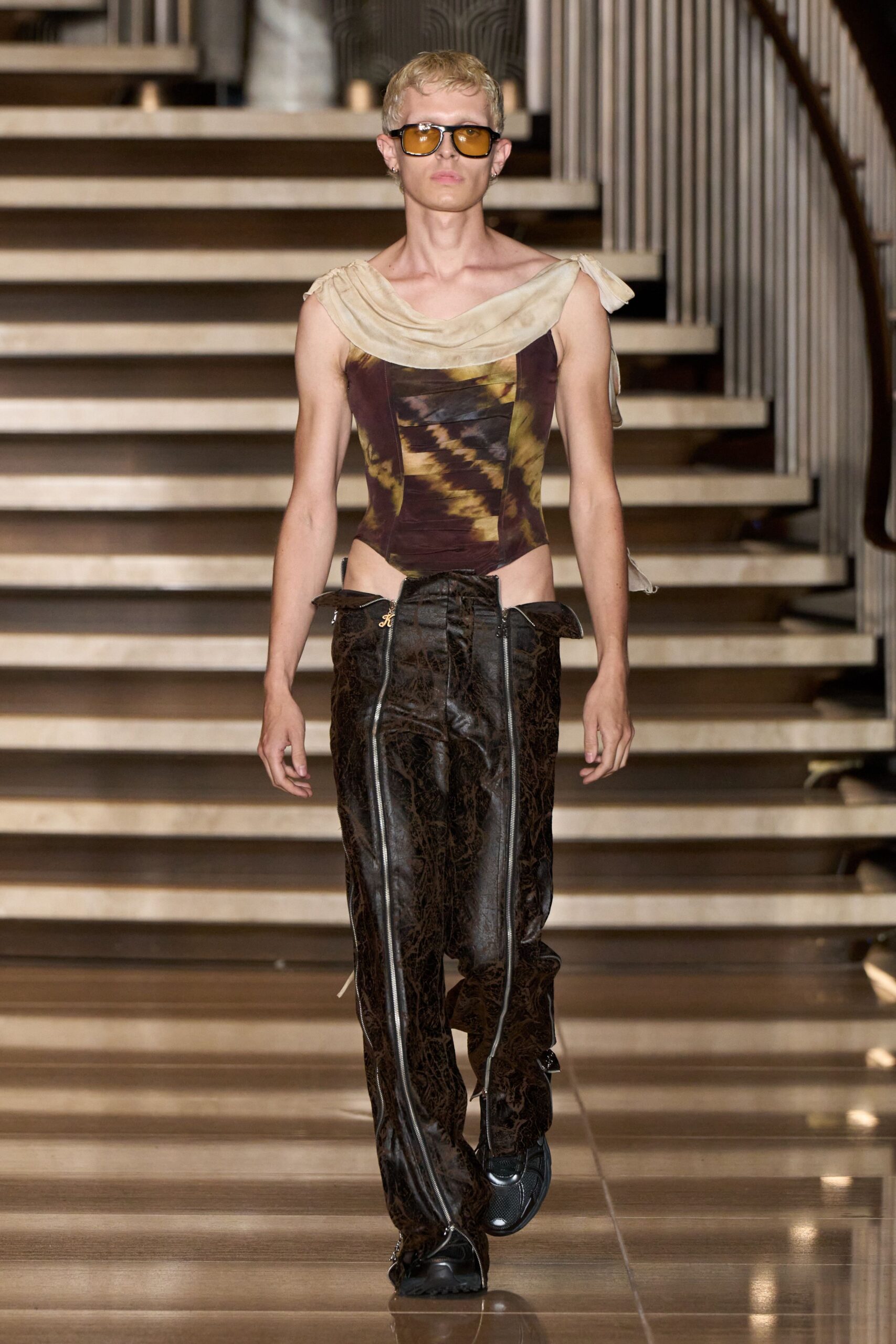 brown silk sleeveless v-neck fitted printed bodysuit