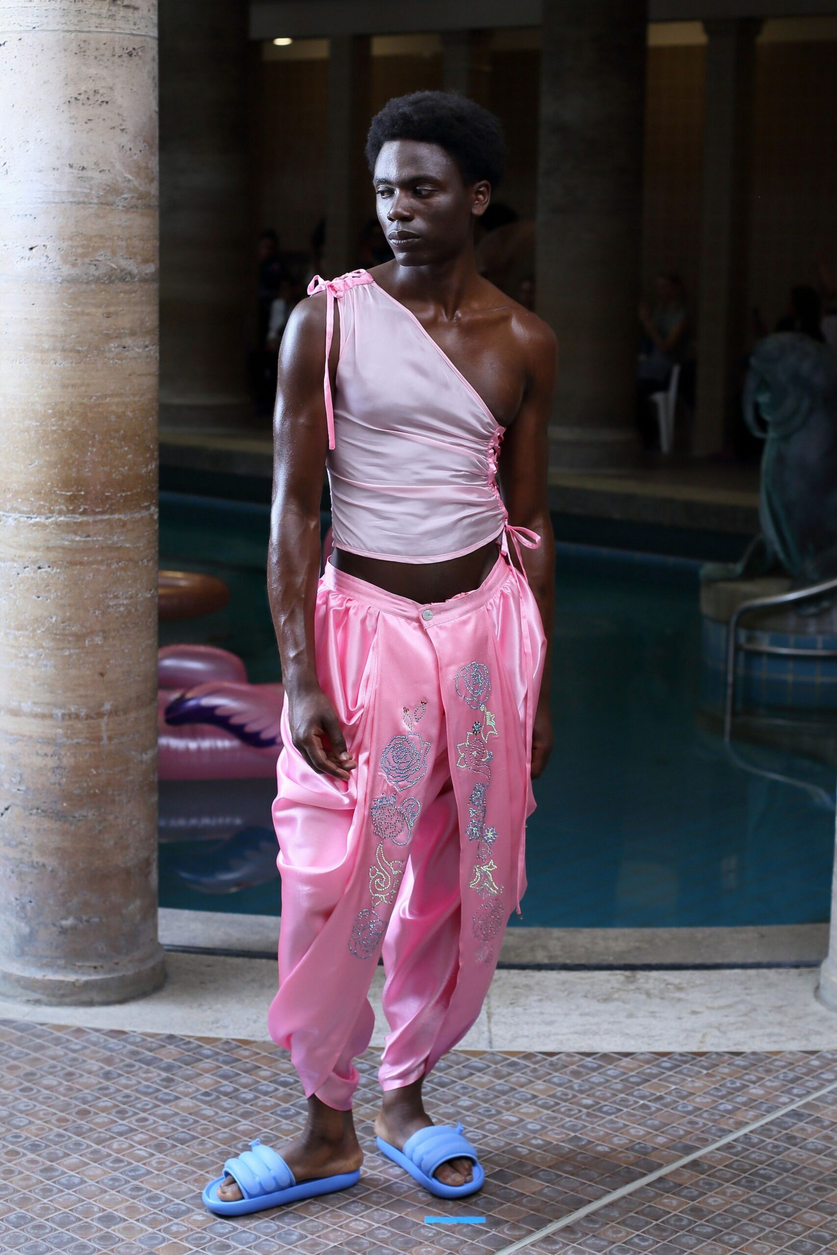 pink silk top and pants