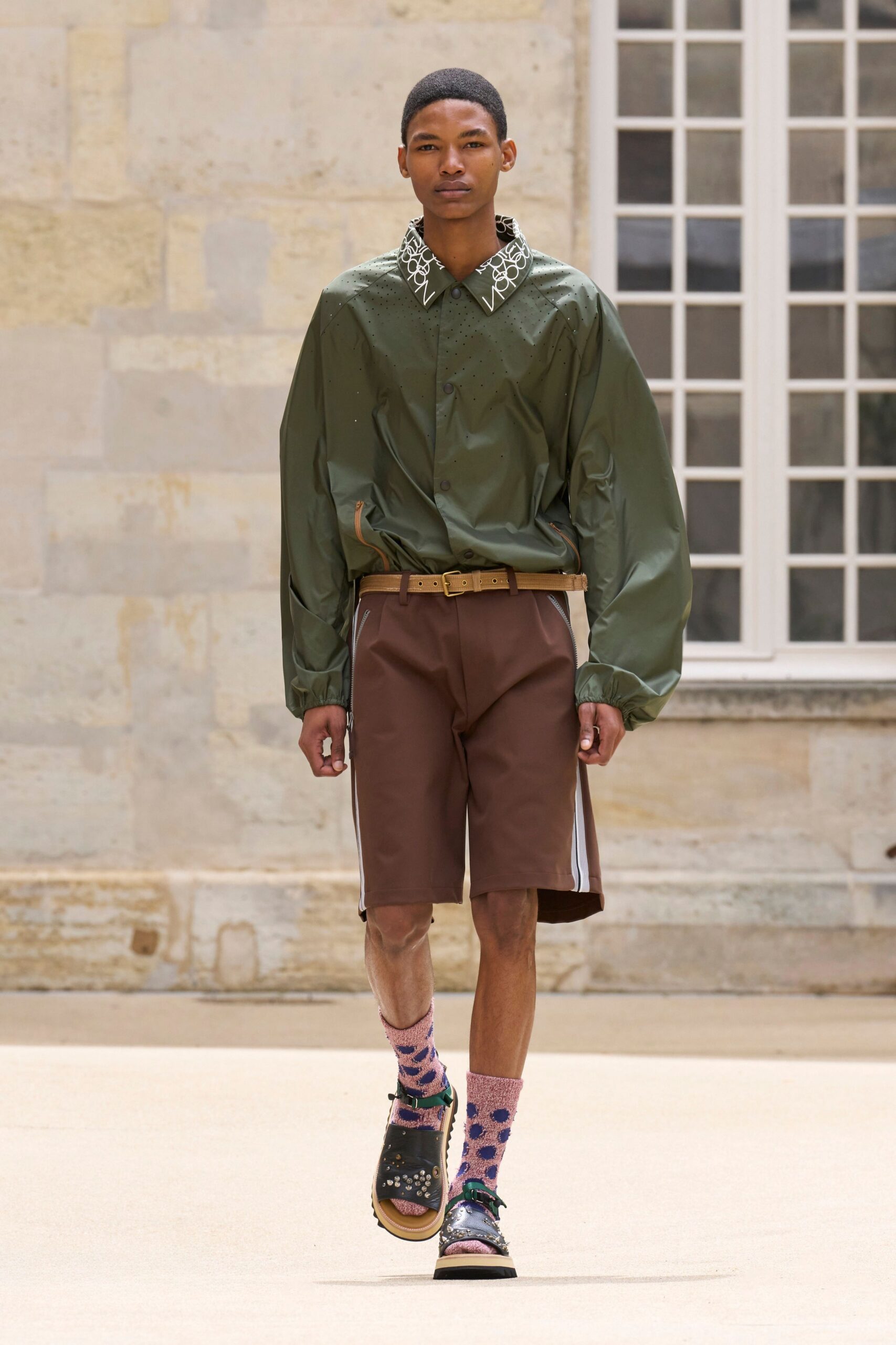 green vinyl long-sleeve collared relaxed shirt