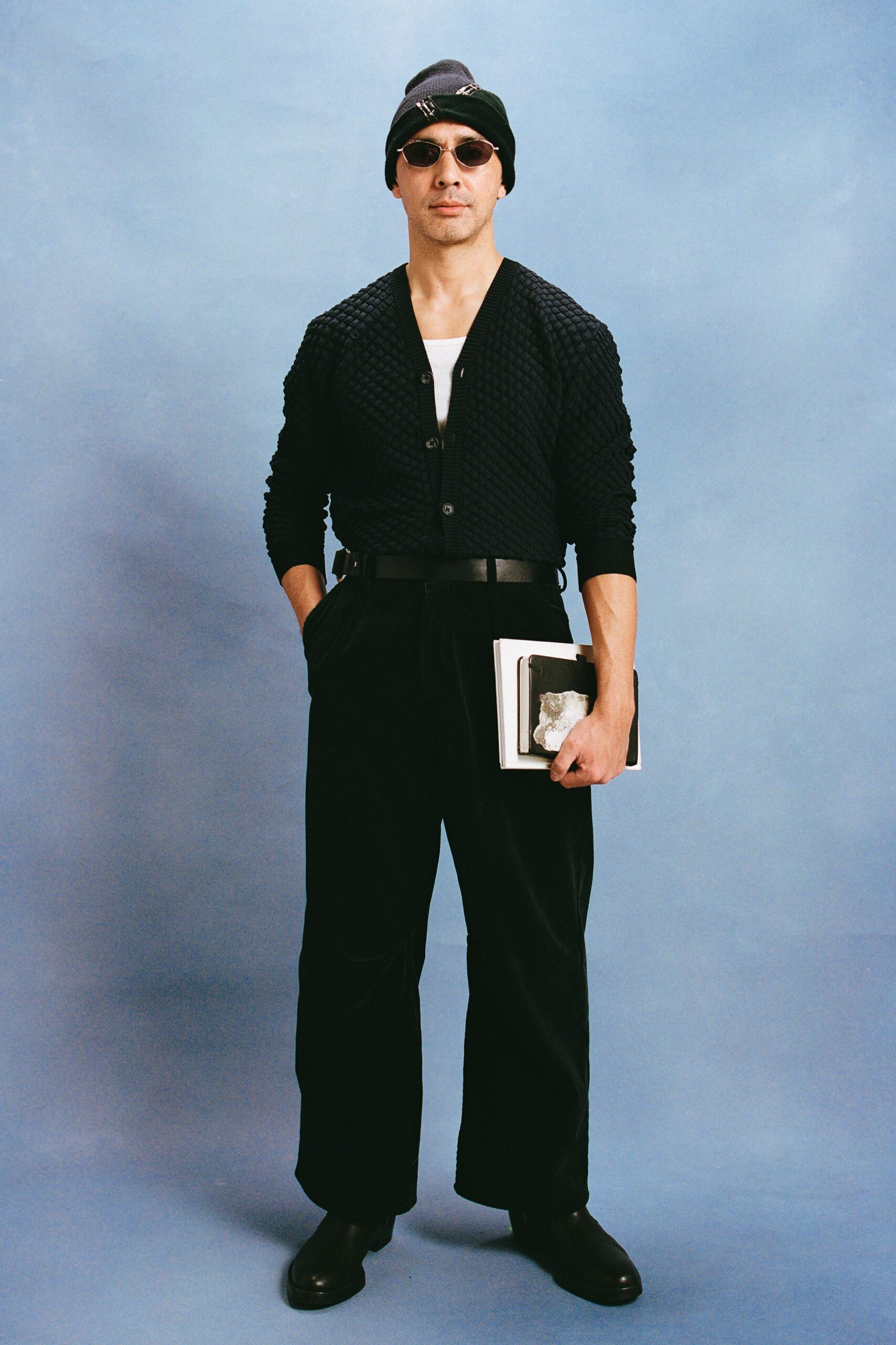 black cardigan white t-shirt