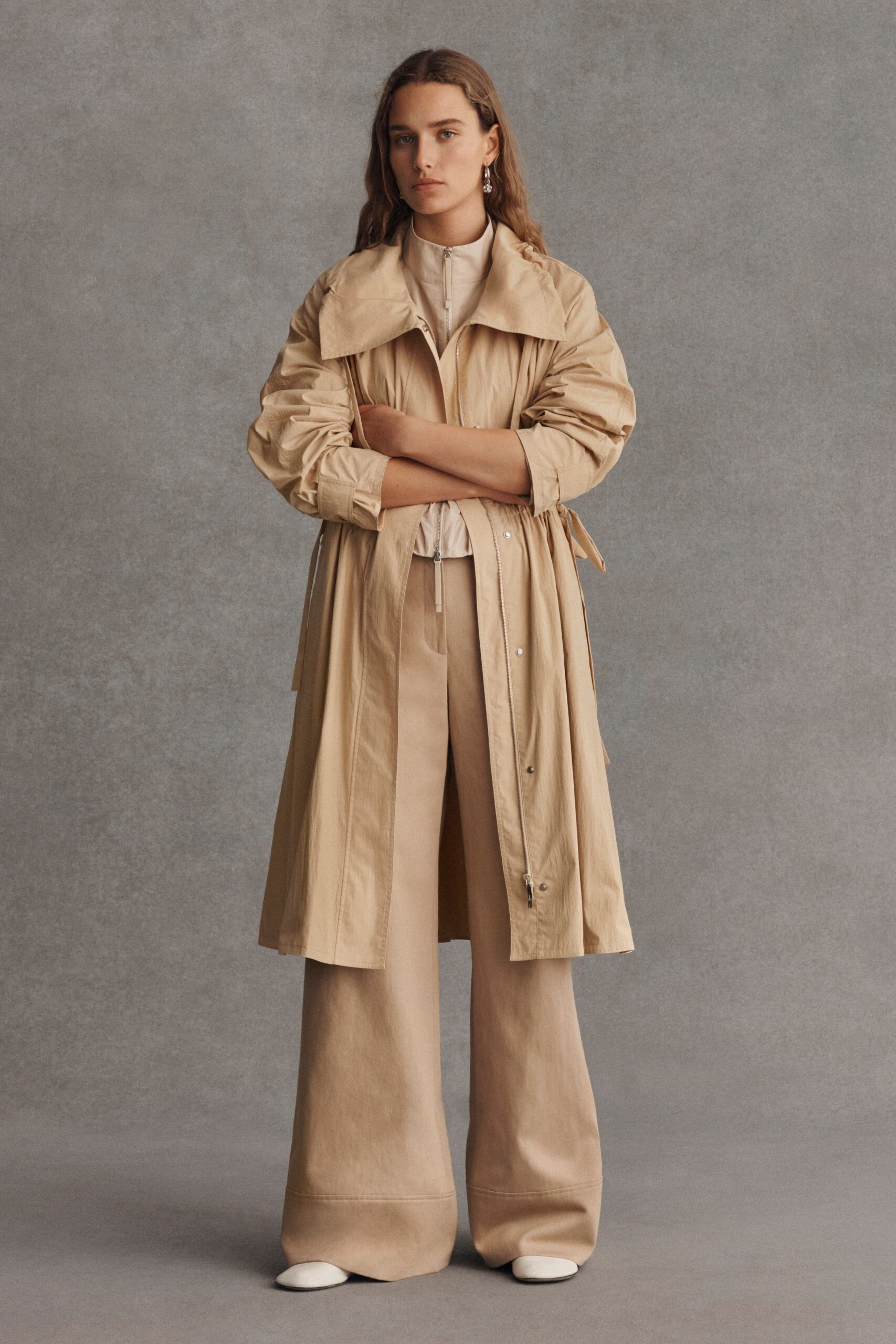 beige cotton long-sleeve collared relaxed zippered buttoned trench
