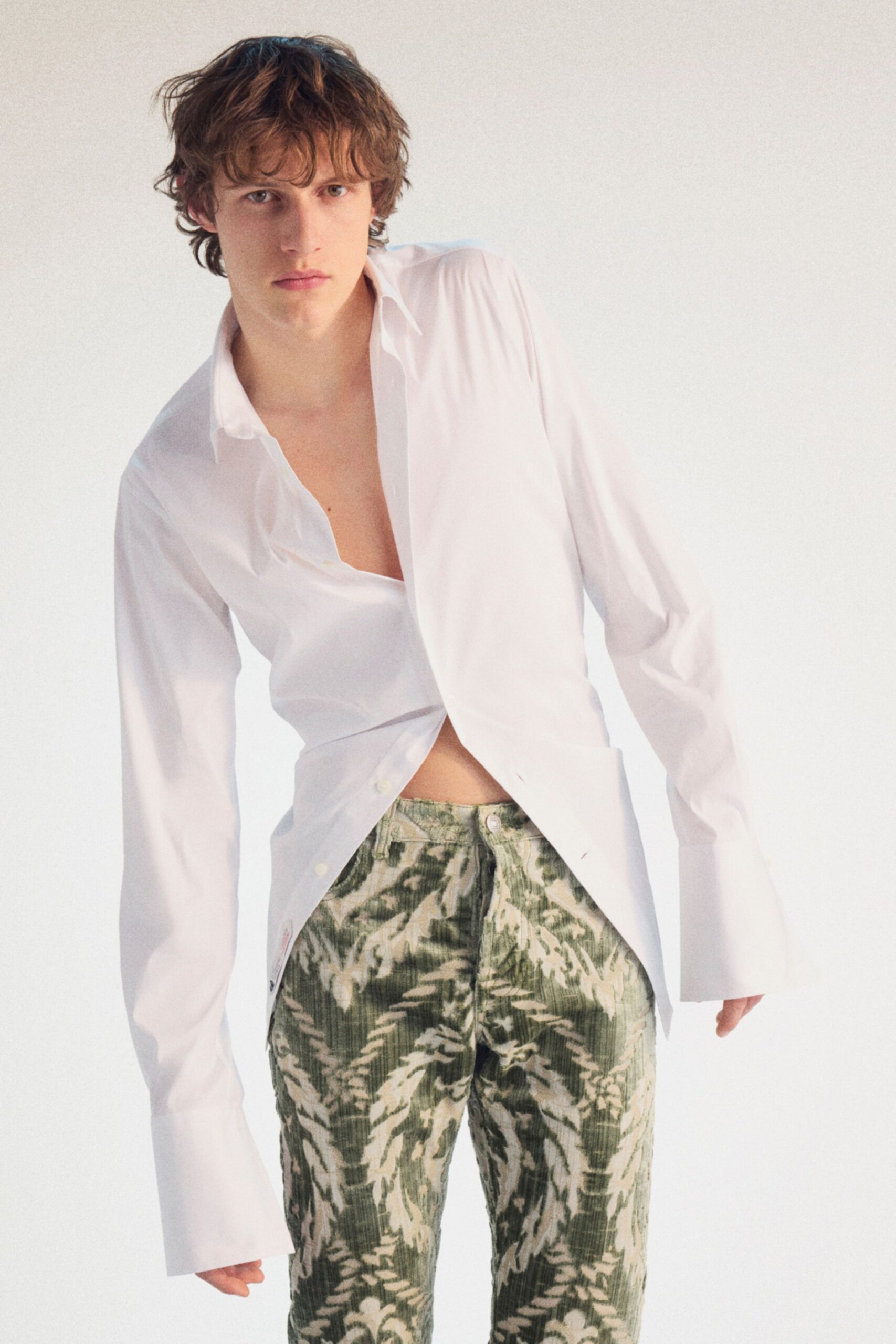 green cotton fitted flared printed pants