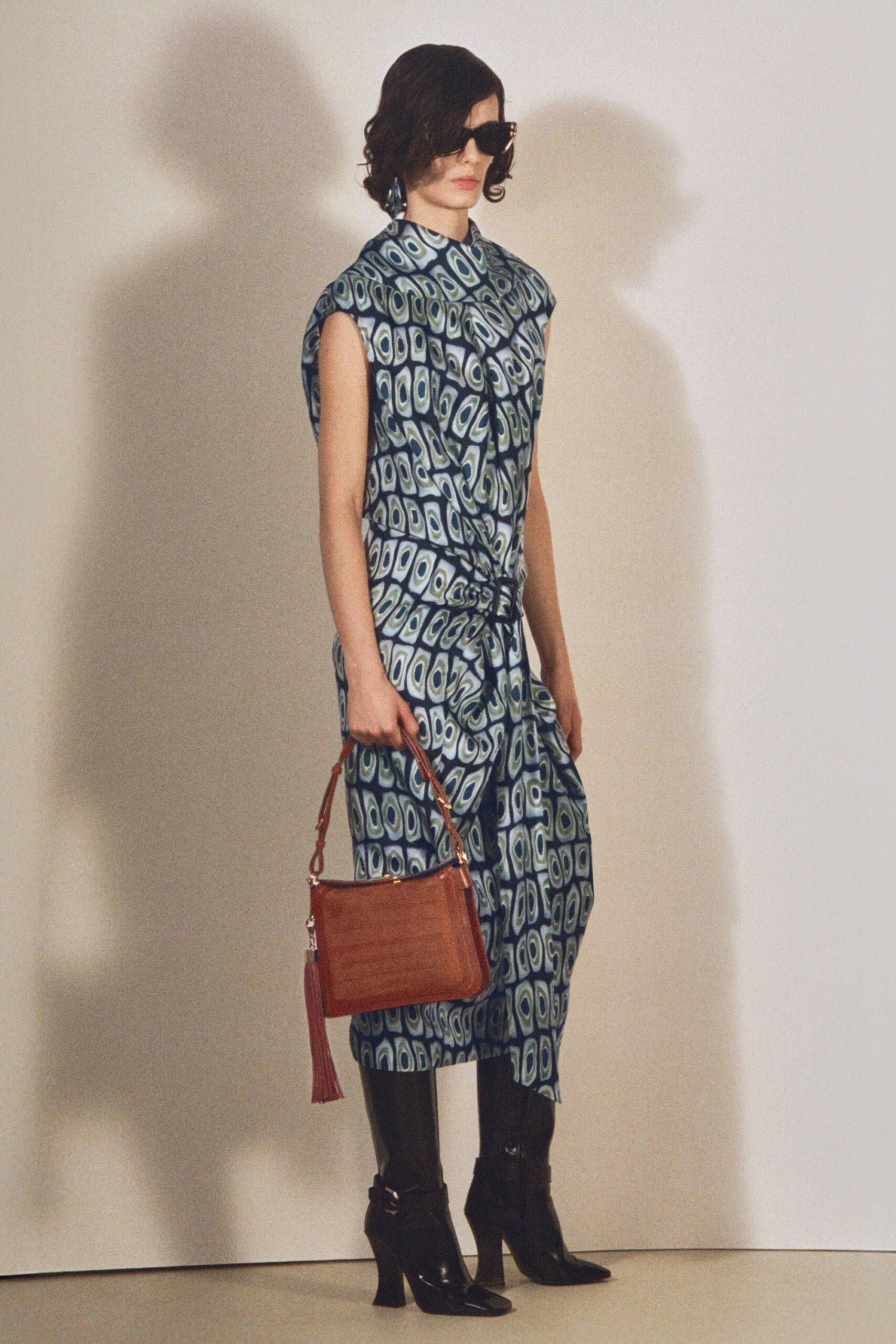 blue cotton sleeveless collared relaxed printed draped dress