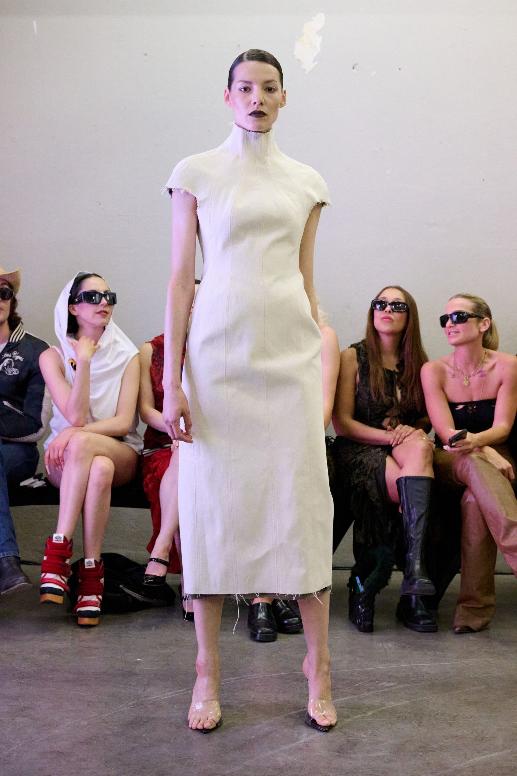 beige cotton sleeveless high-neck fitted straight-leg midi dress