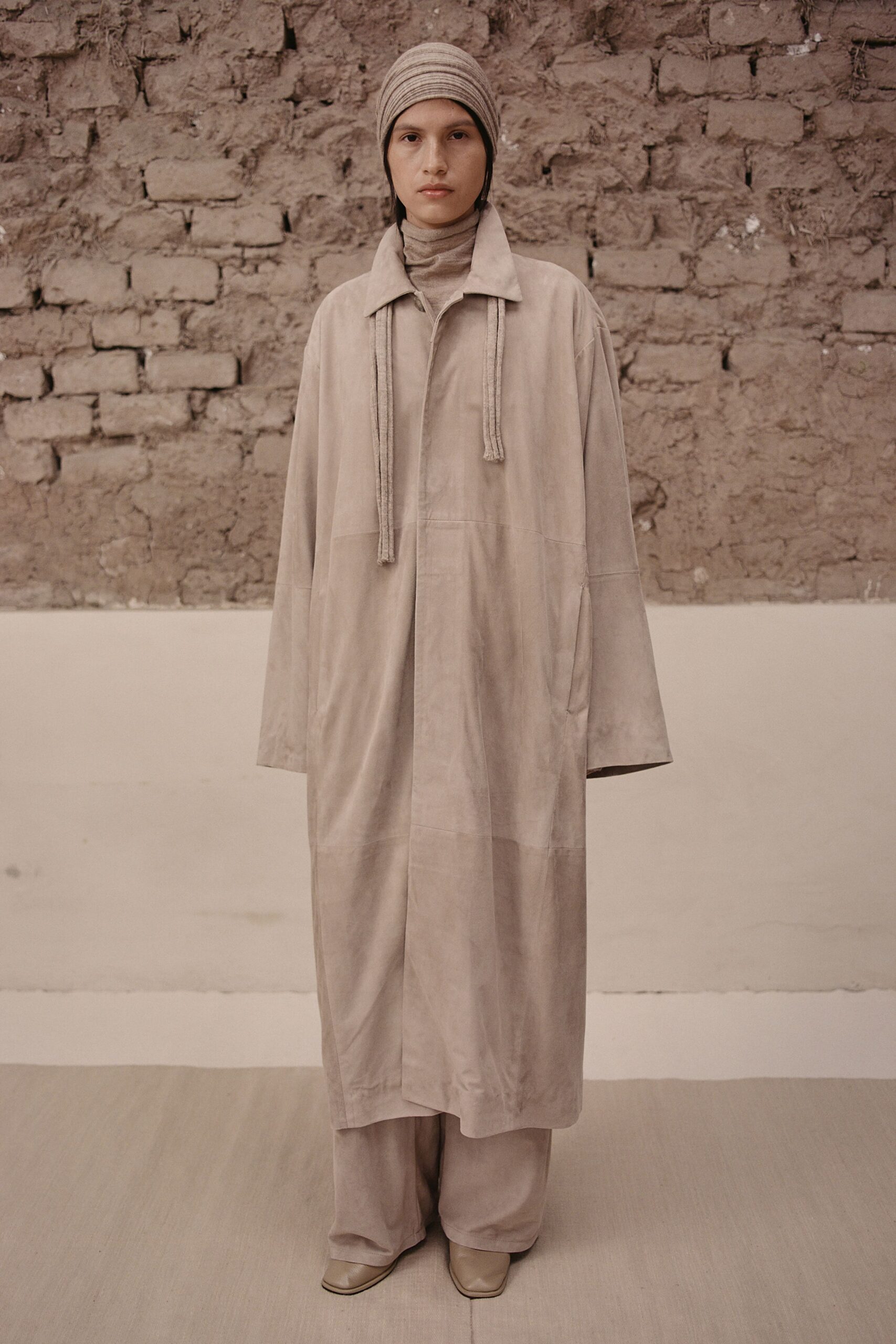beige suede long-sleeve collared relaxed coat