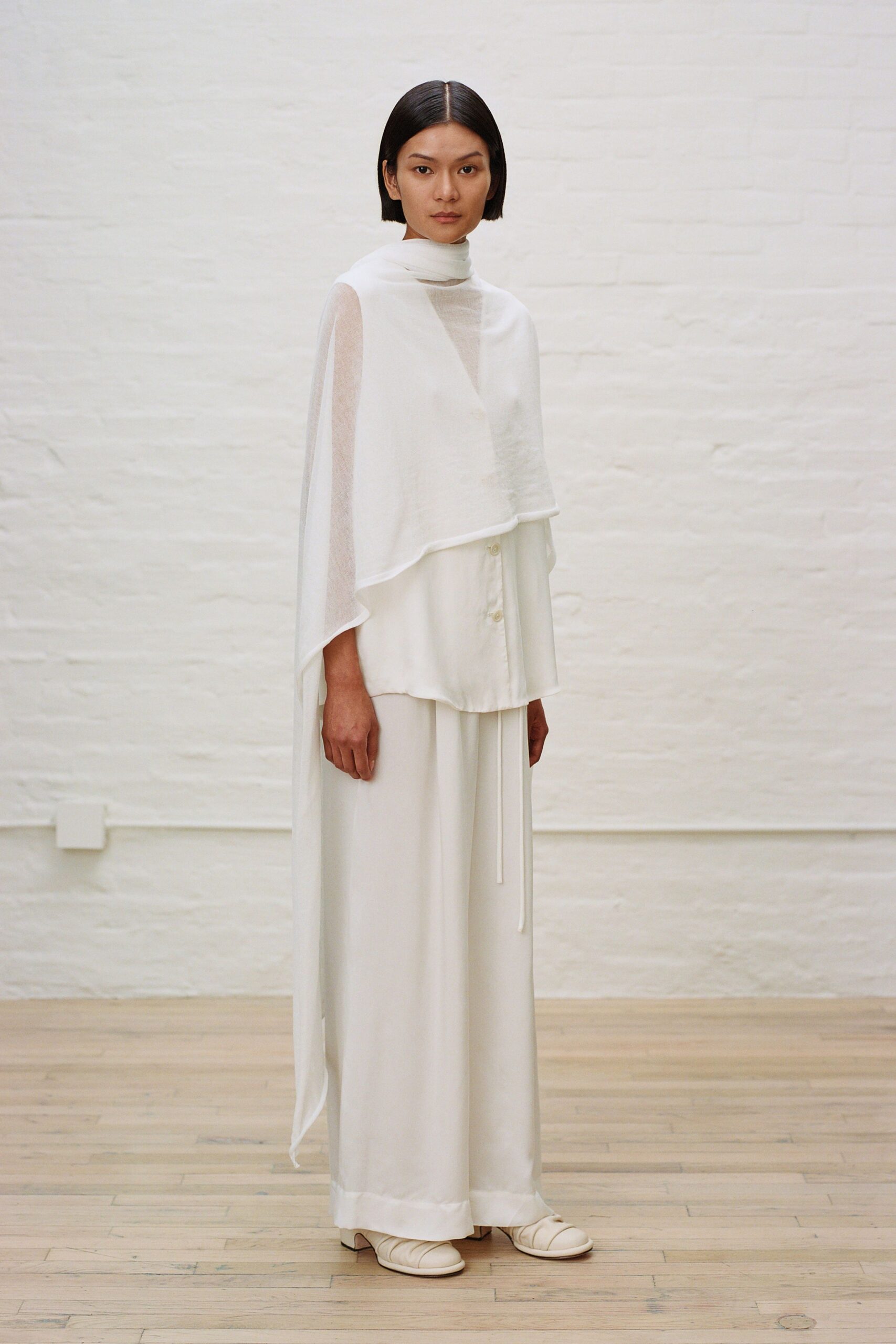 white silk relaxed top and maxi skirt