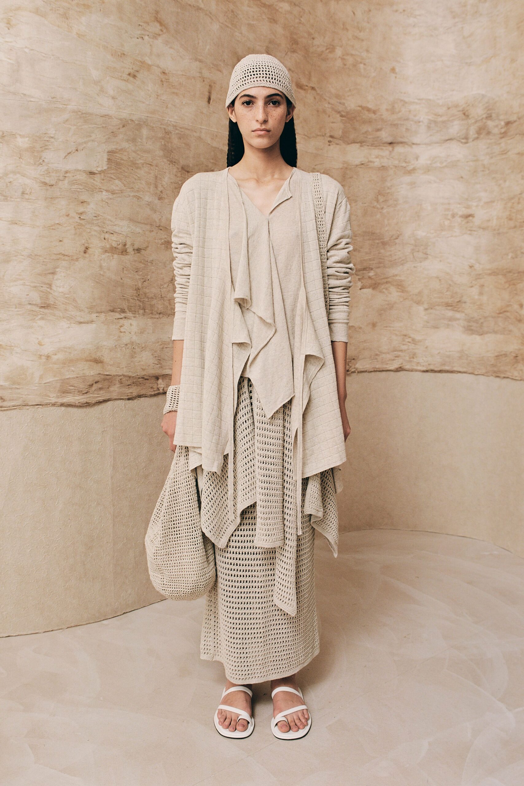 beige cotton long-sleeve relaxed layered cardigan