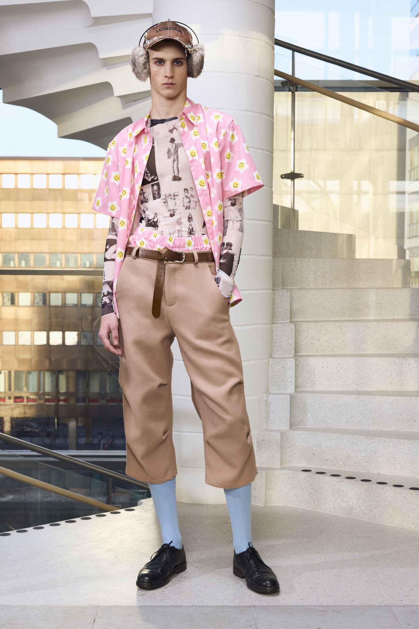 pink cotton short-sleeve collared relaxed printed shirt