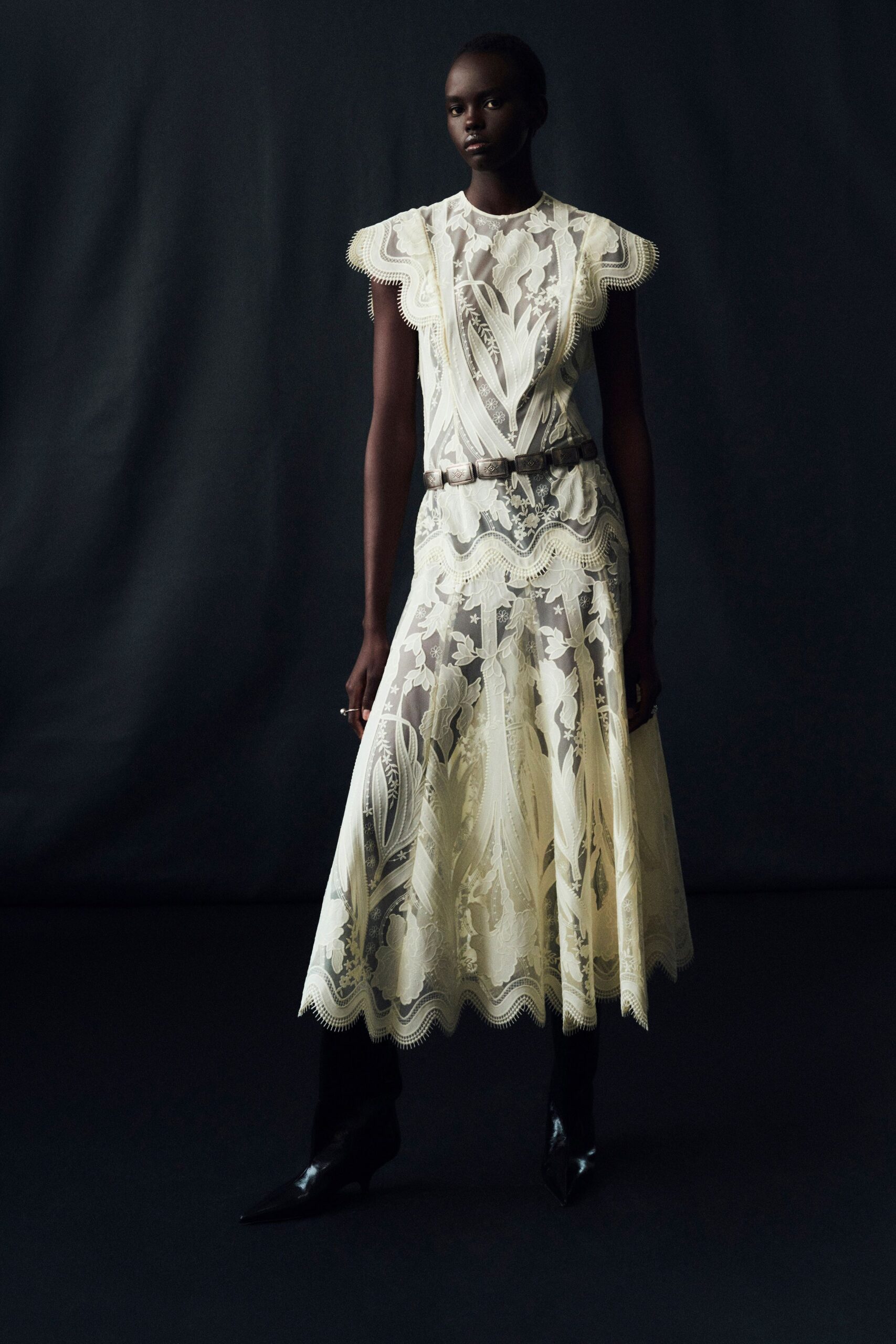 ivory silk sleeveless high-neck fitted pleated embroidered dress