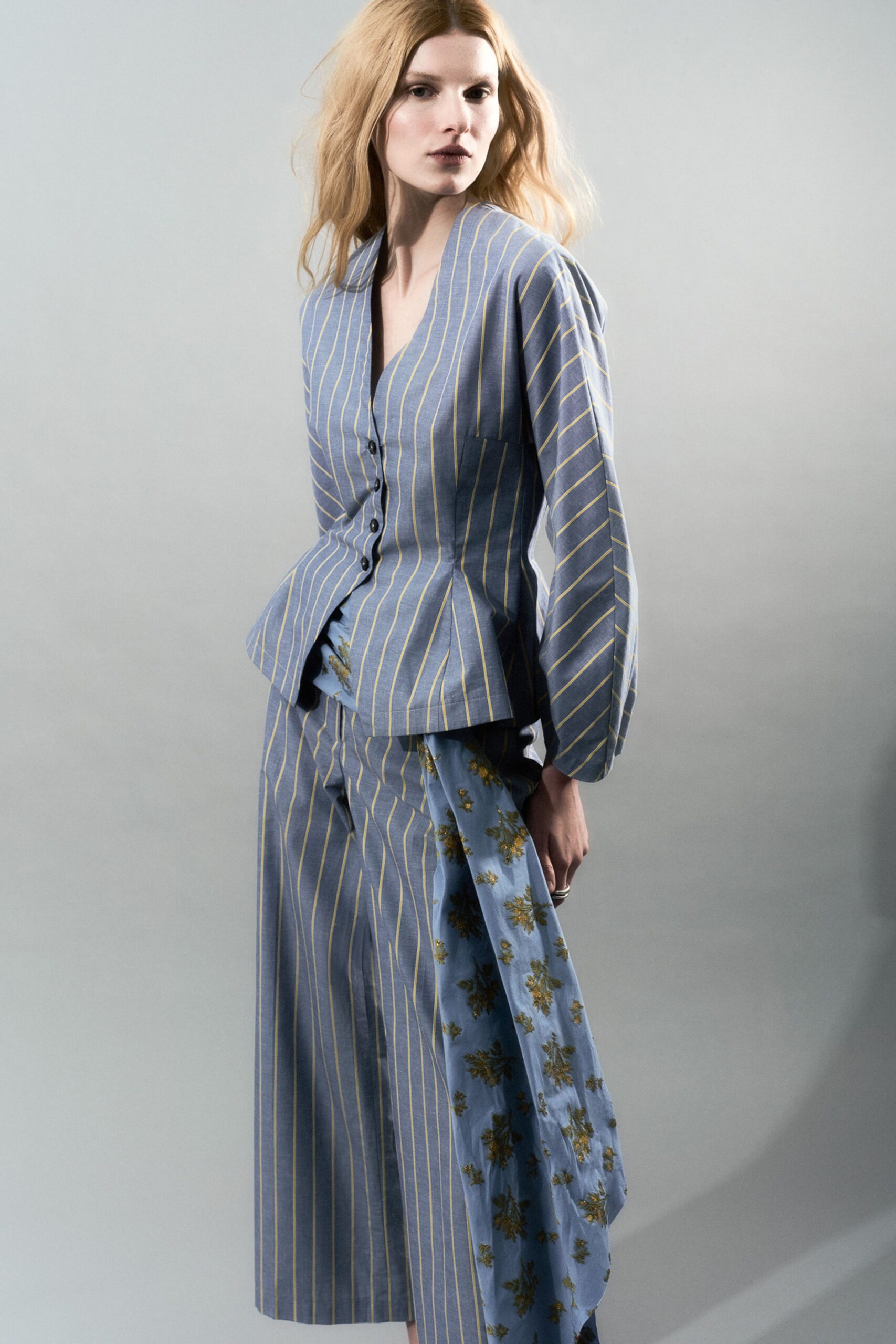 blue striped blazer and floral skirt