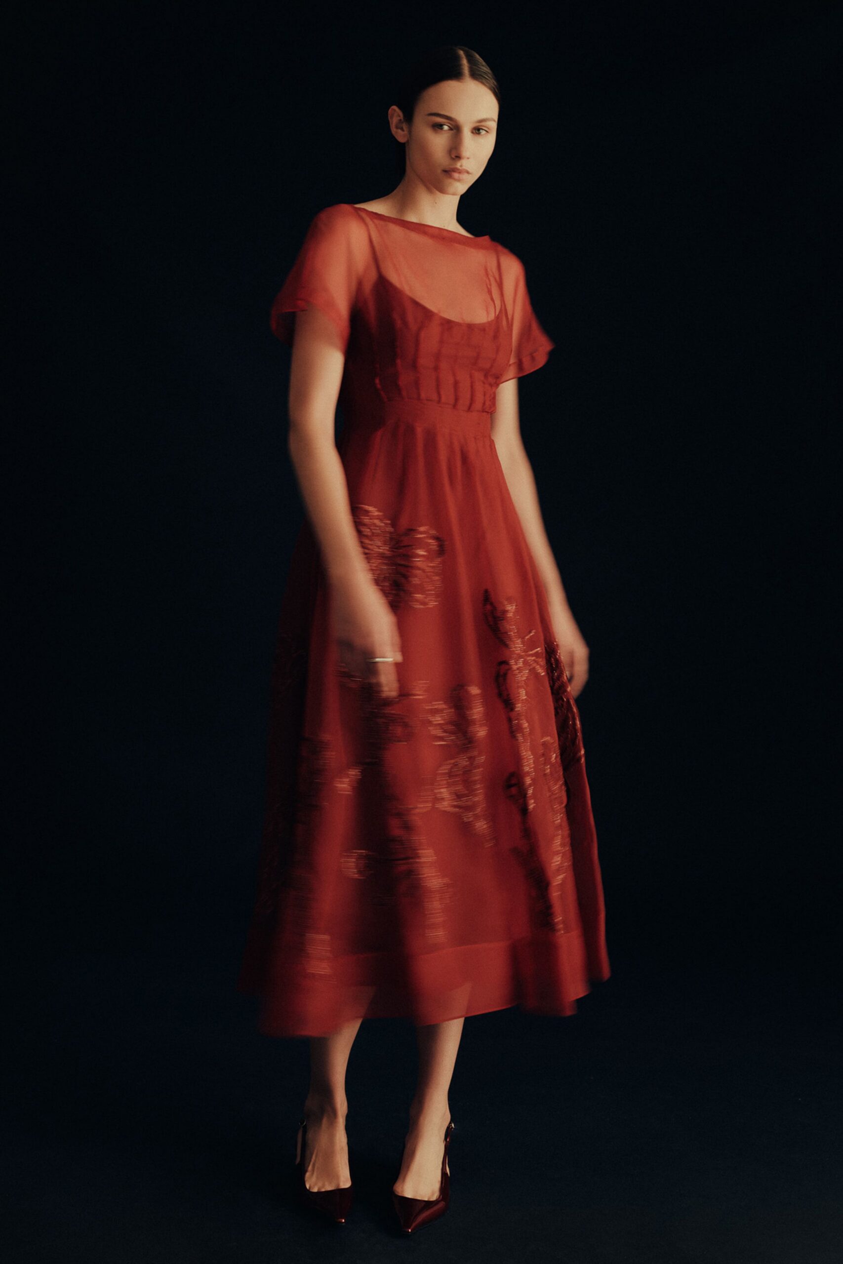 red silk short-sleeve square-neck fitted embroidered tiered dress