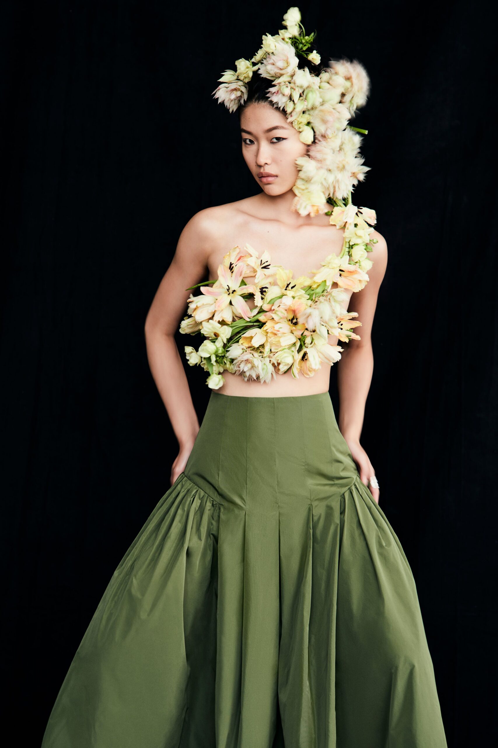 green cotton fitted pleated tiered maxi skirt