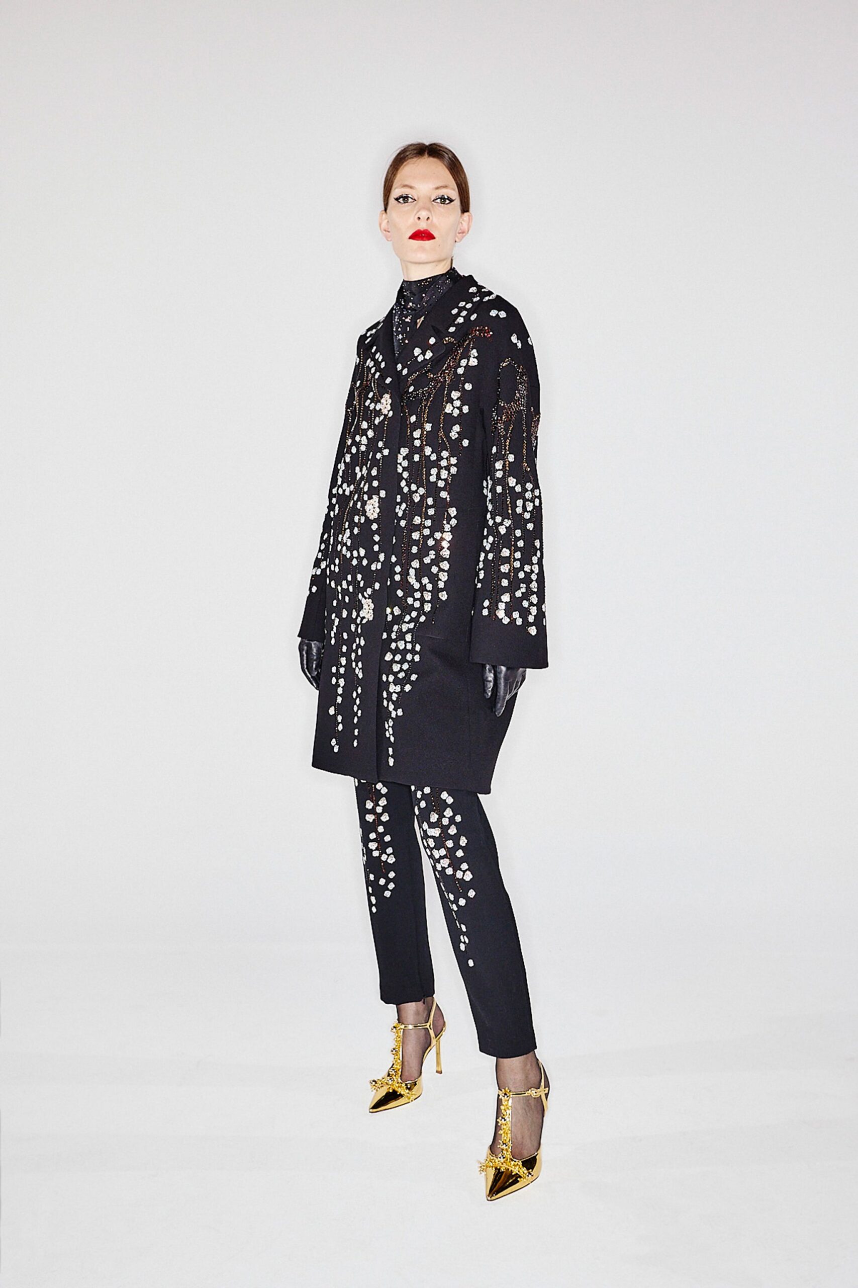 black wool long-sleeve collared relaxed embroidered coat