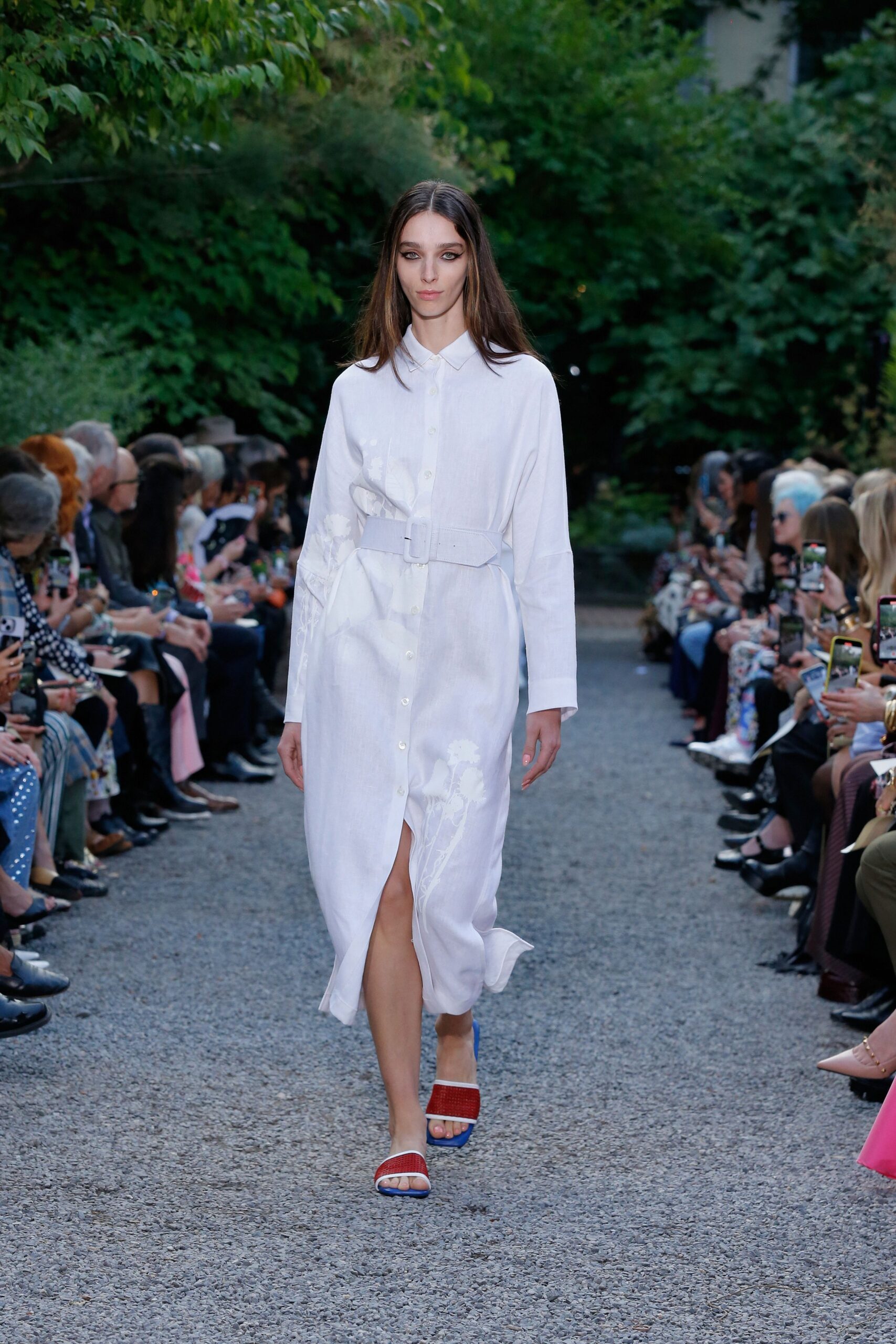 white cotton long-sleeve collared fitted buttoned belted shirt-dress