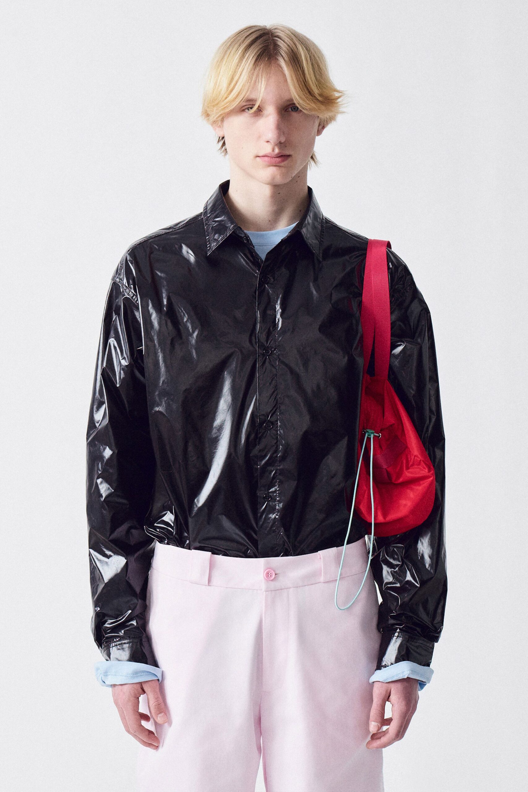 black vinyl long-sleeve collared relaxed shiny shirt