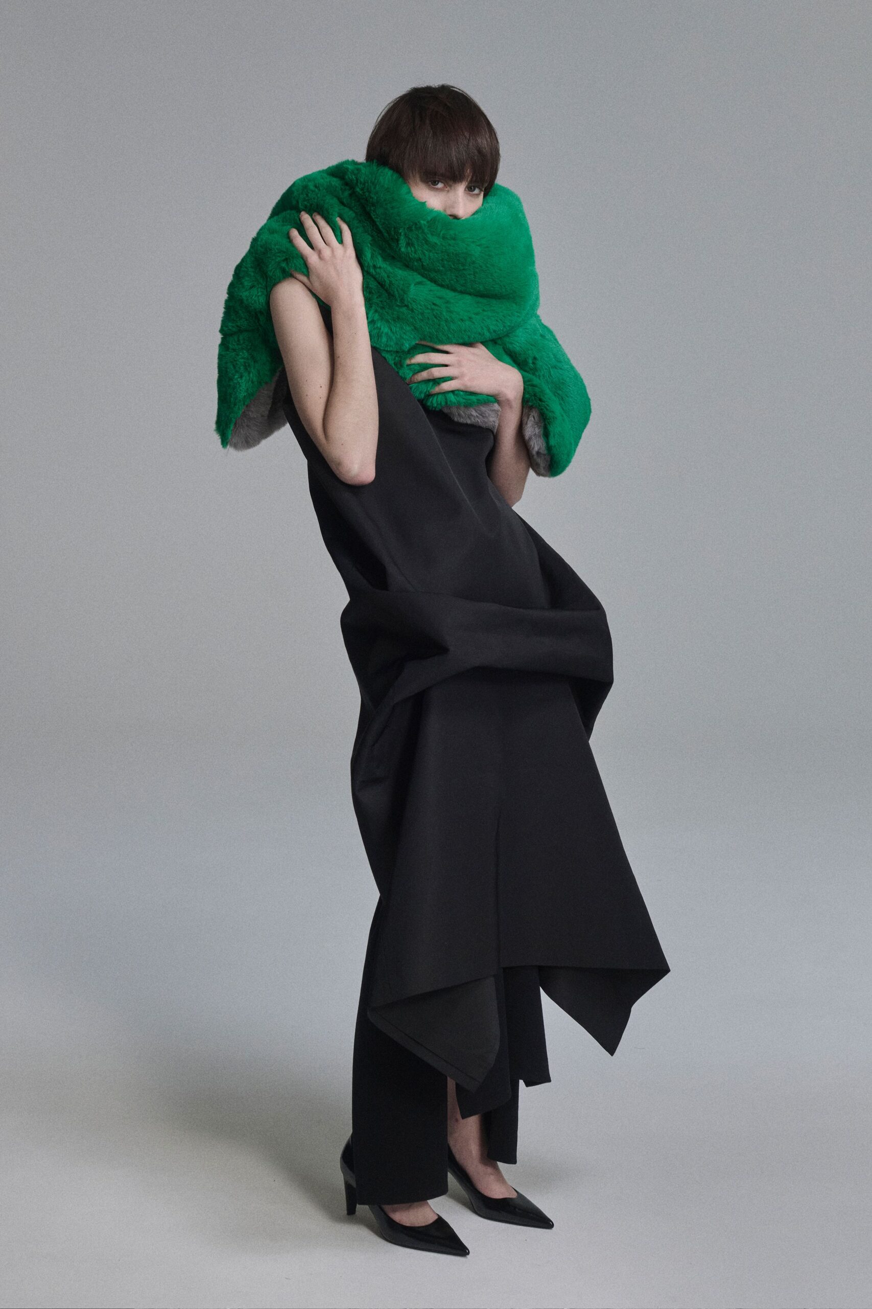 black wool sleeveless v-neck fitted draped midi dress