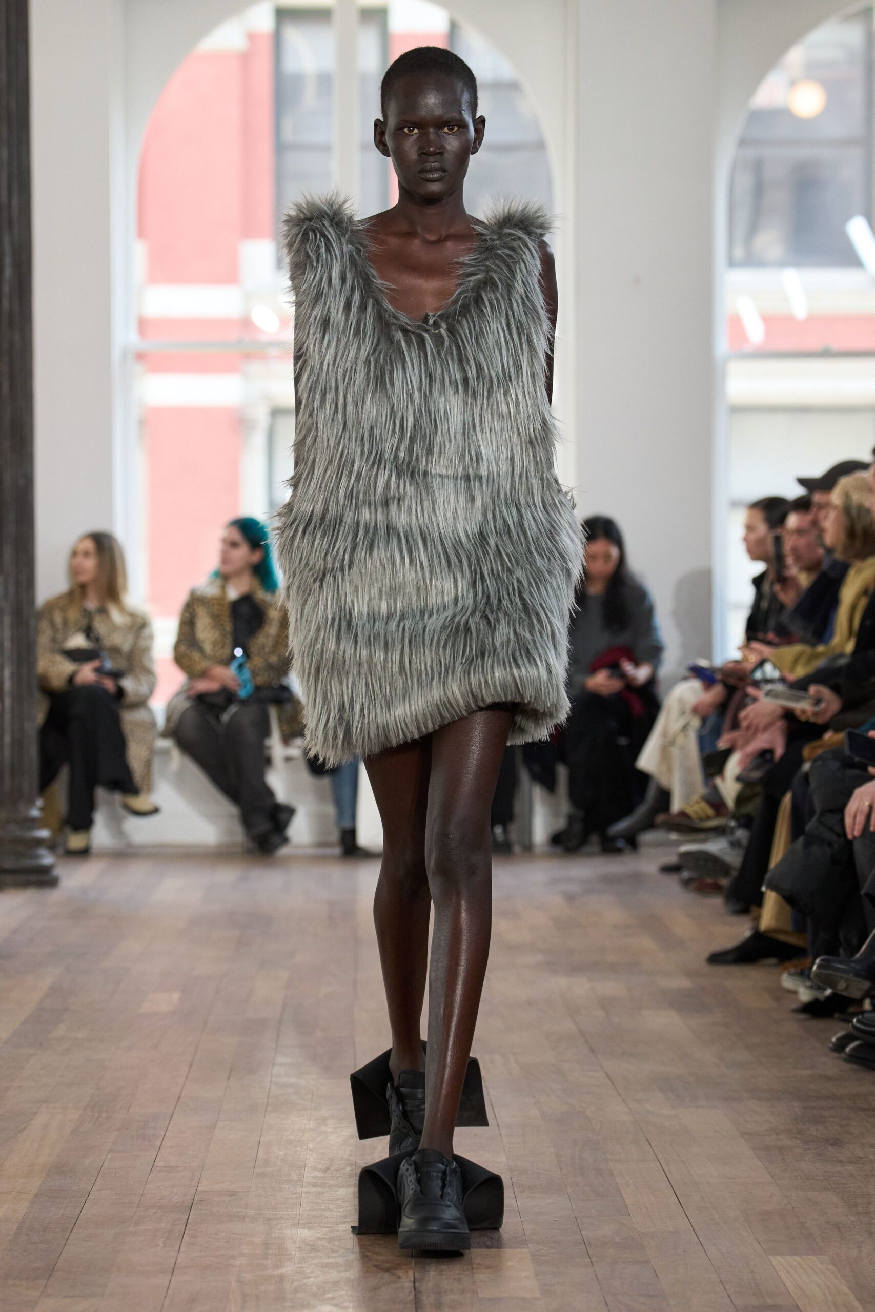 gray fur sleeveless v-neck fitted layered short dress