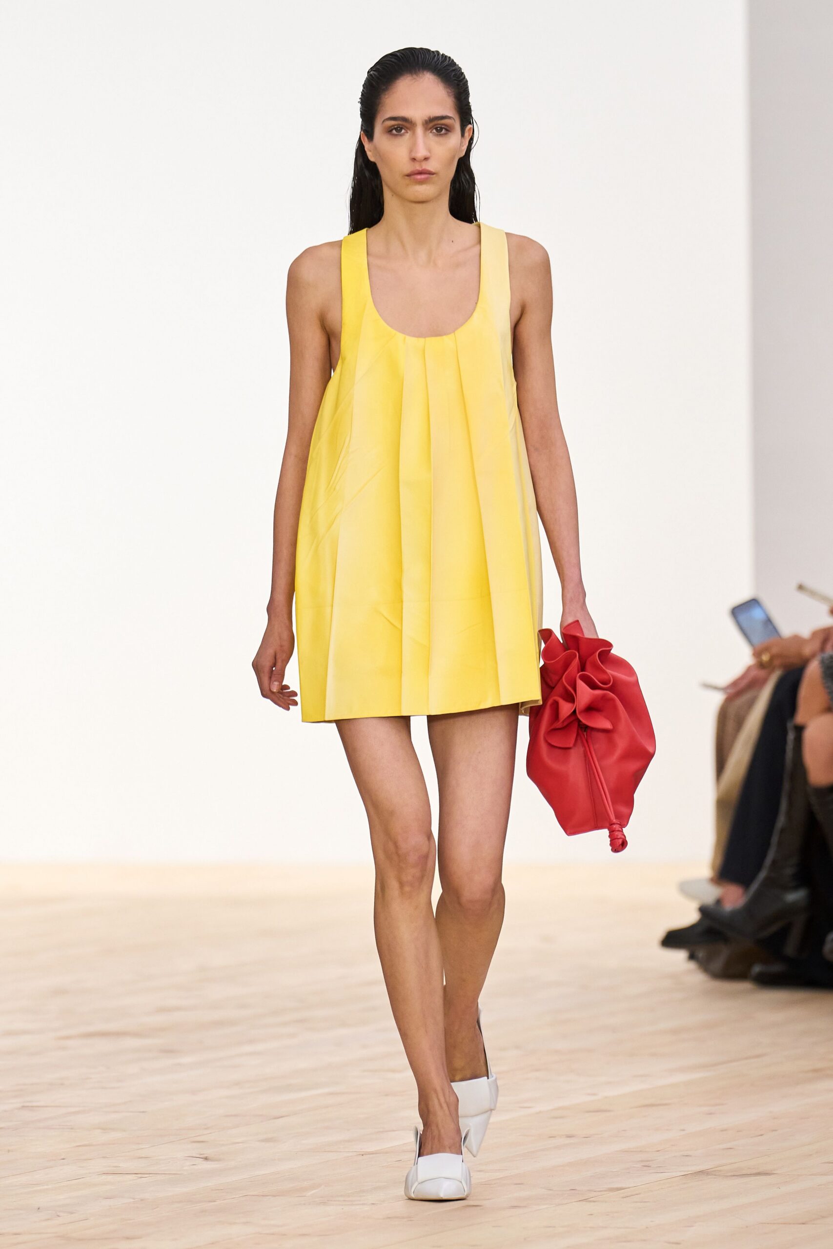 yellow pleated mini dress