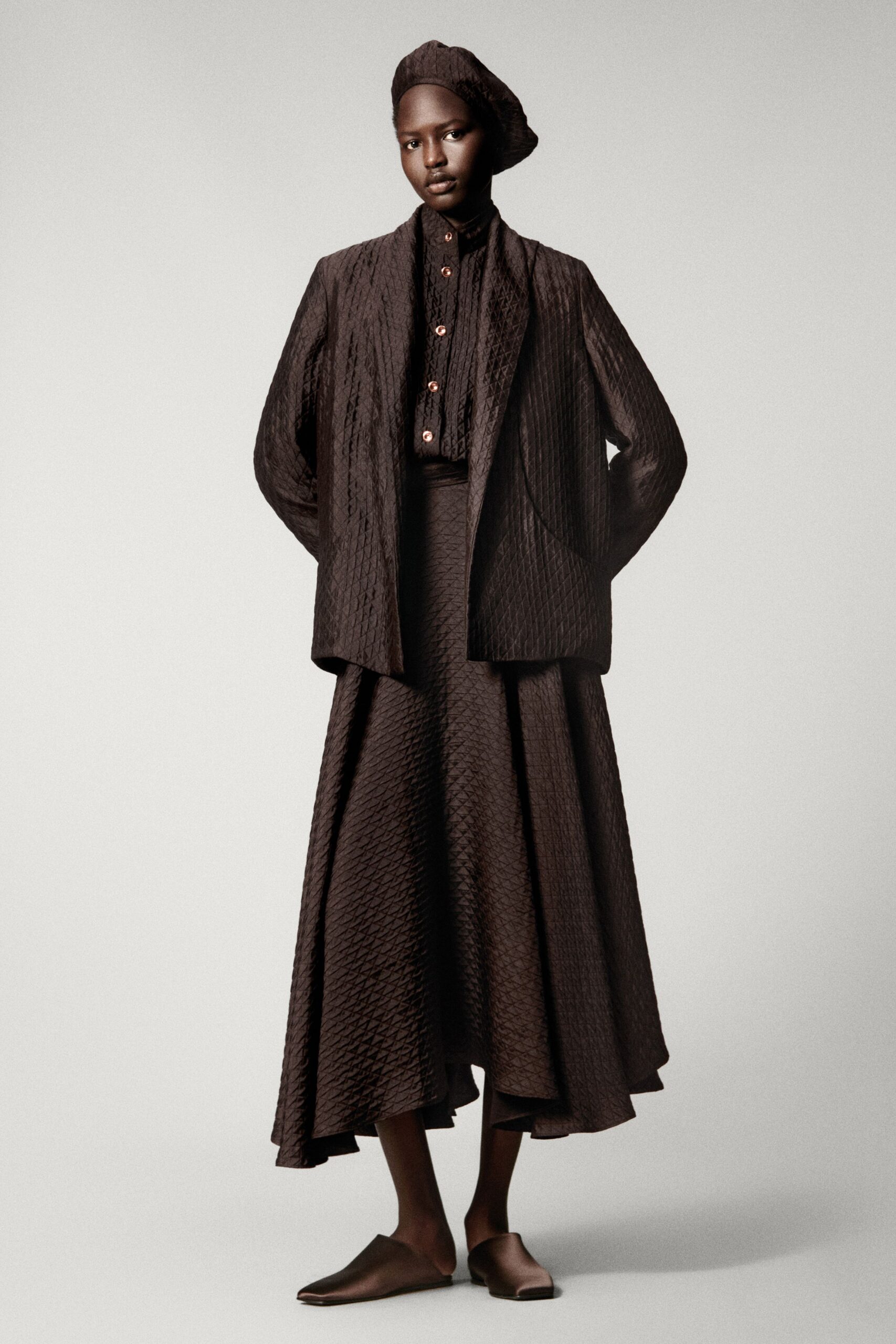 brown silk long-sleeve collared structured textured blazer