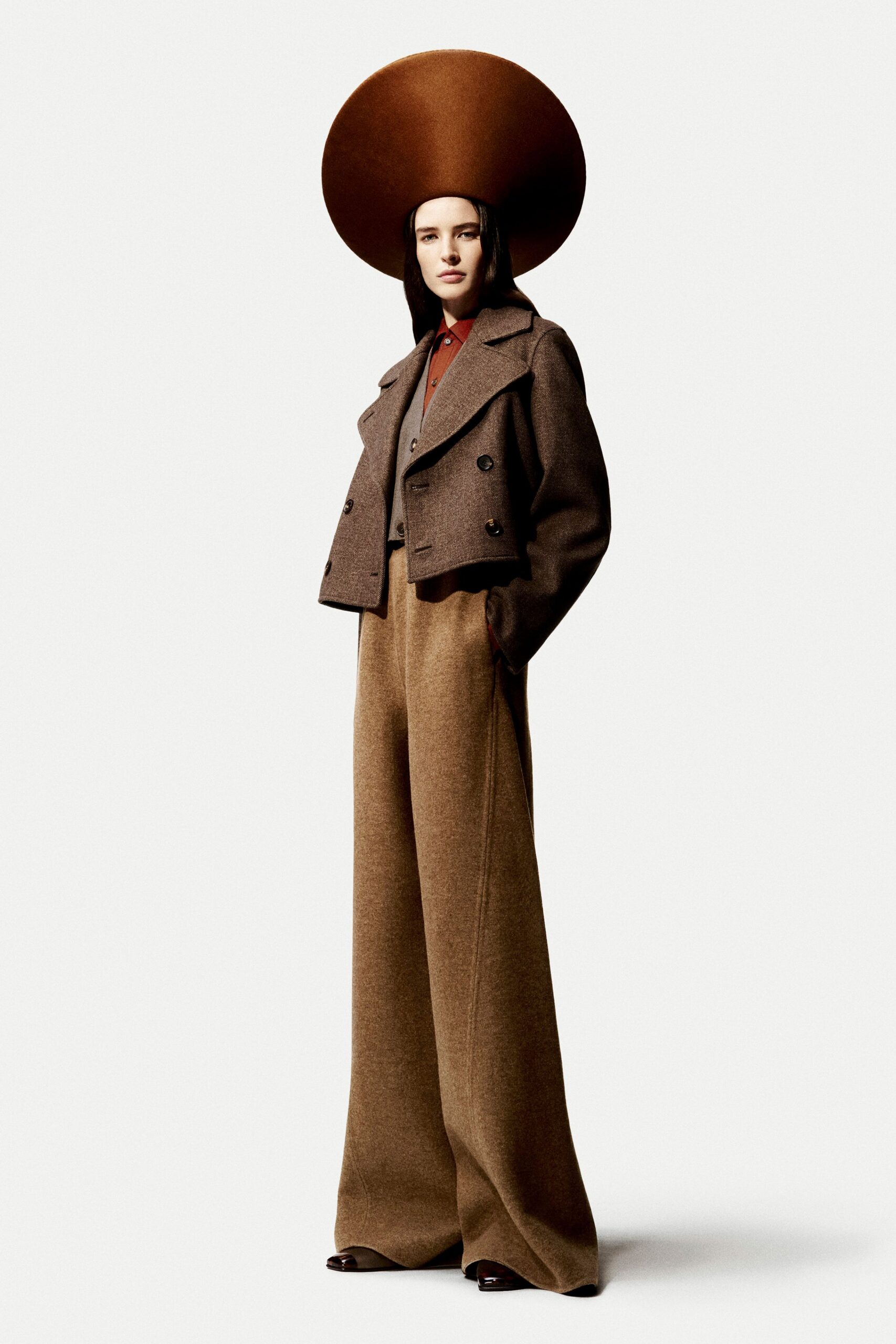 brown wool long-sleeve collared structured buttoned jacket