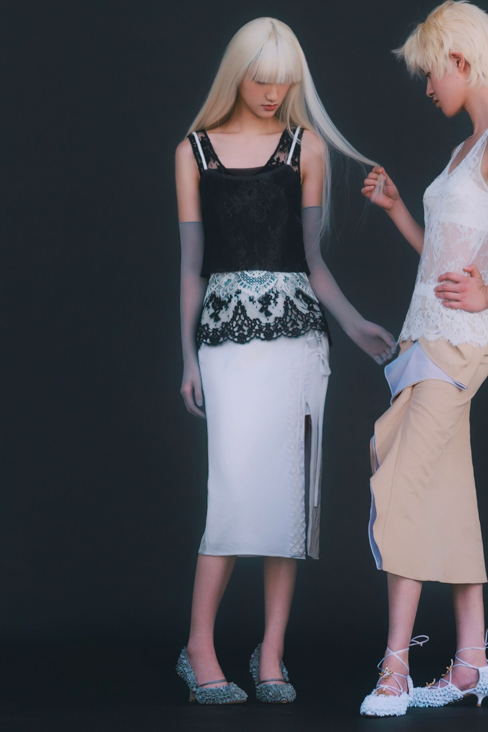 black lace top white midi skirt