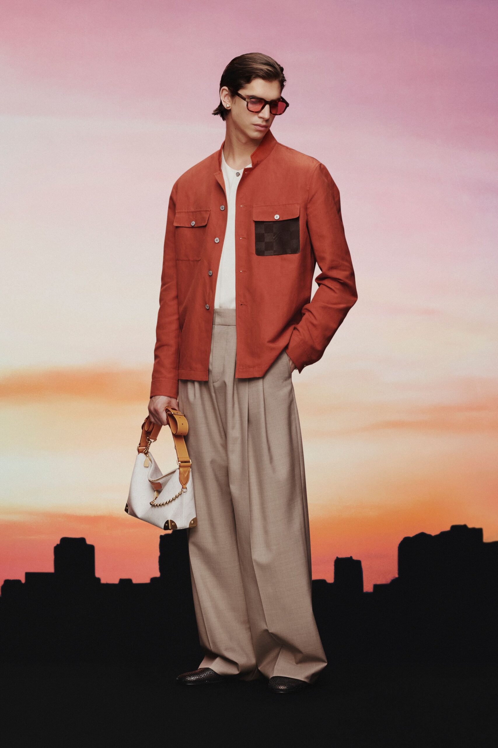 red cotton long-sleeve collared relaxed buttoned pockets jacket