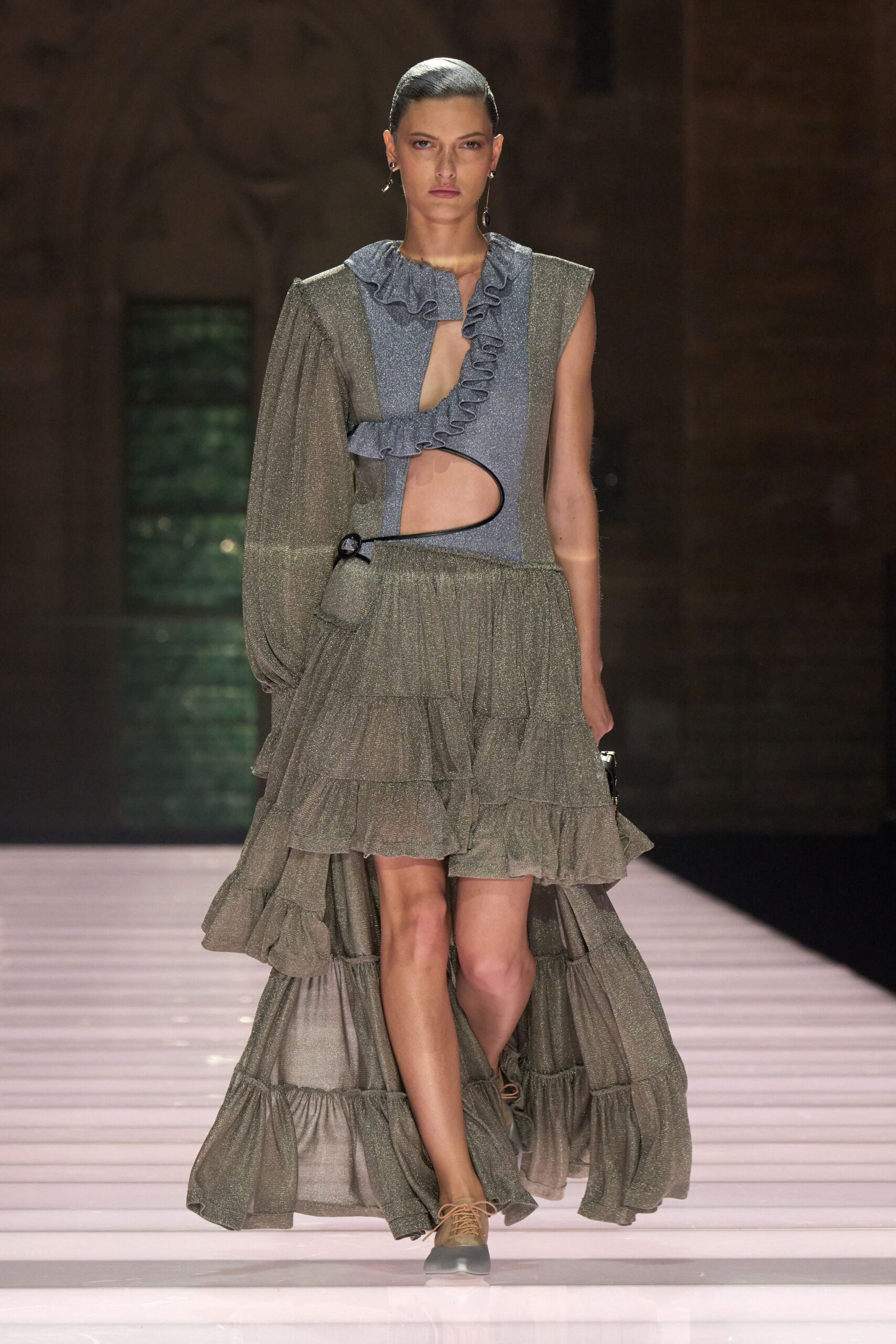 gray silk sleeveless v-neck fitted ruffled tiered dress