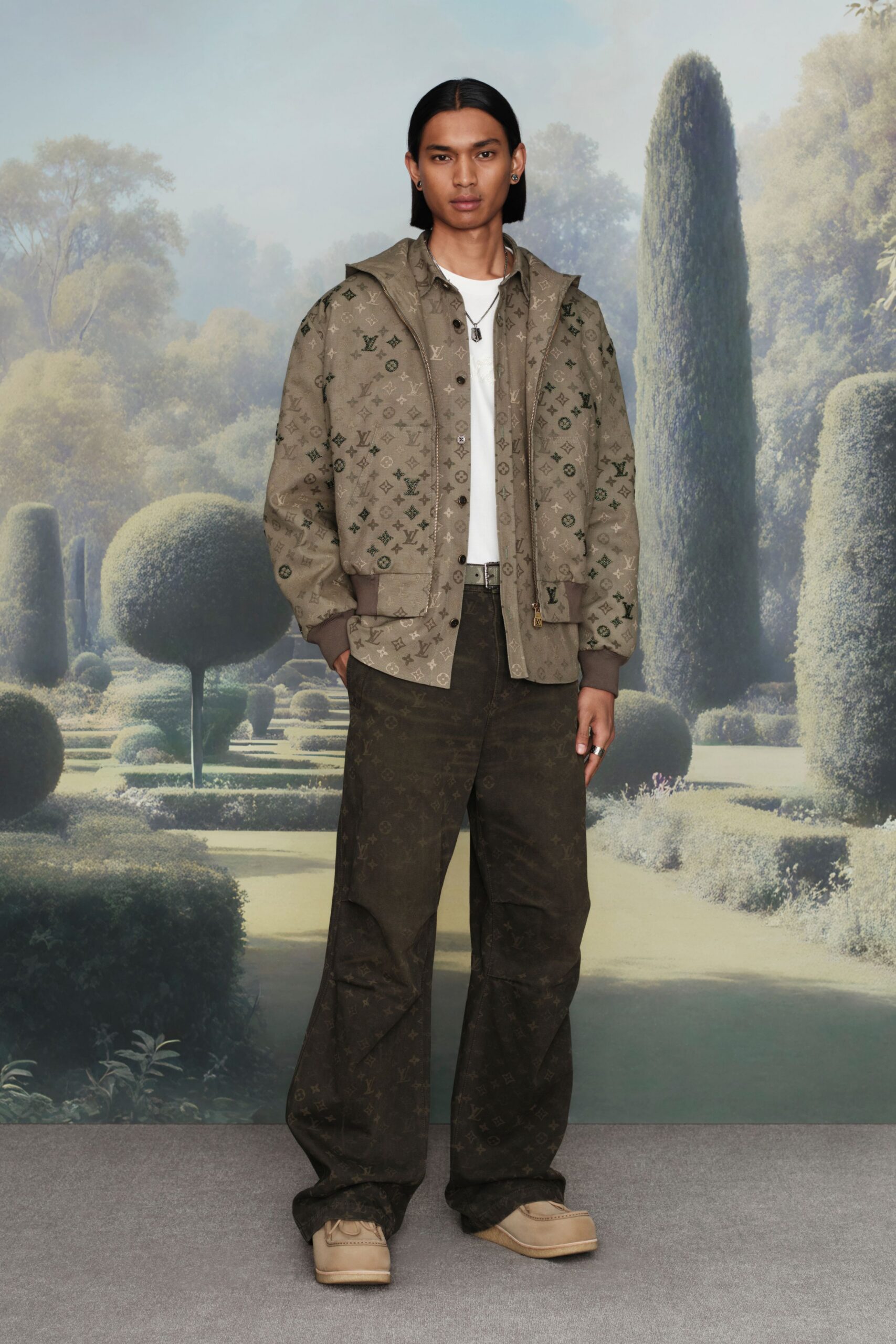 brown cotton long-sleeve hooded relaxed zippered printed jacket
