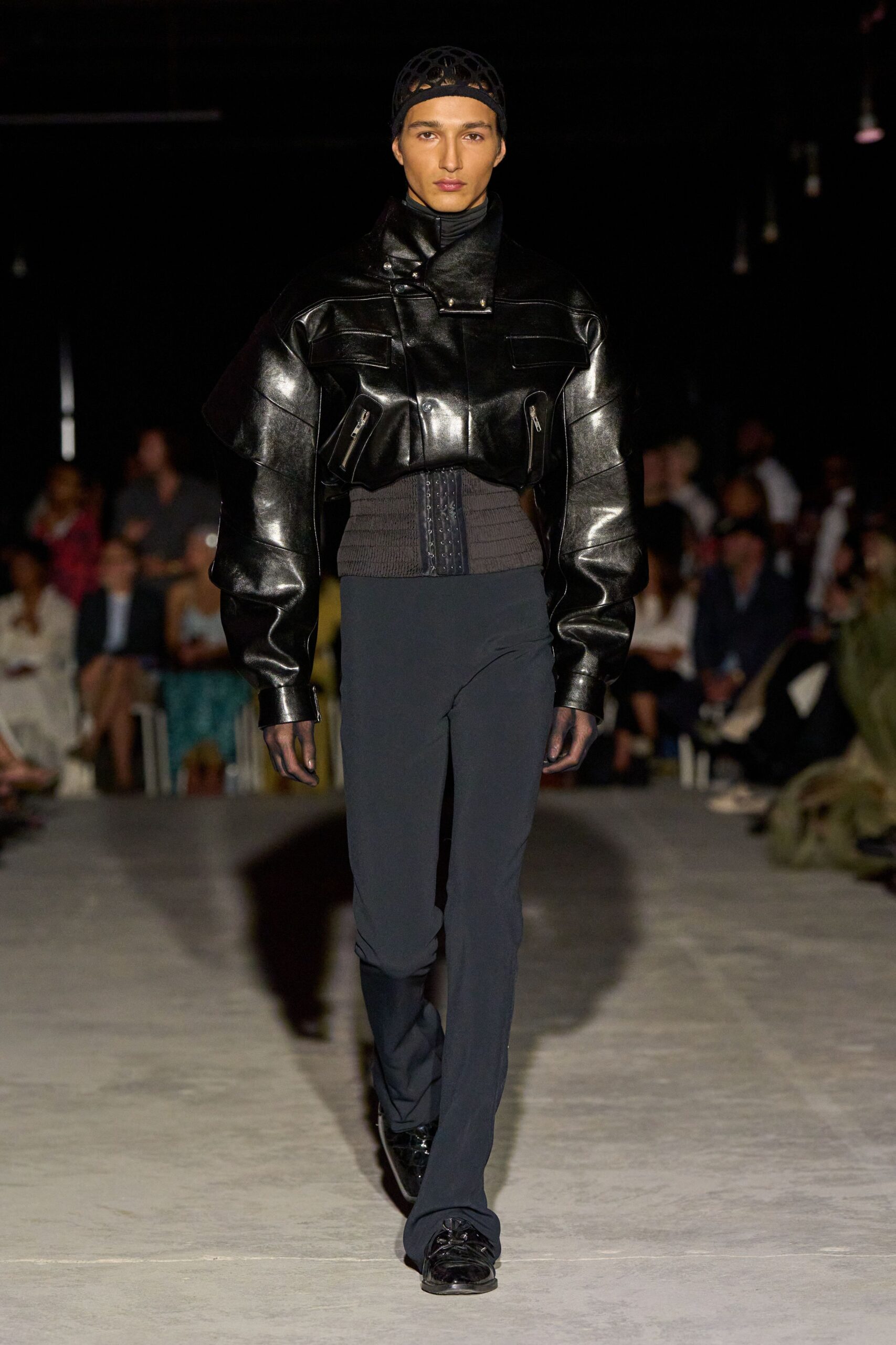 black leather fitted jacket and pants