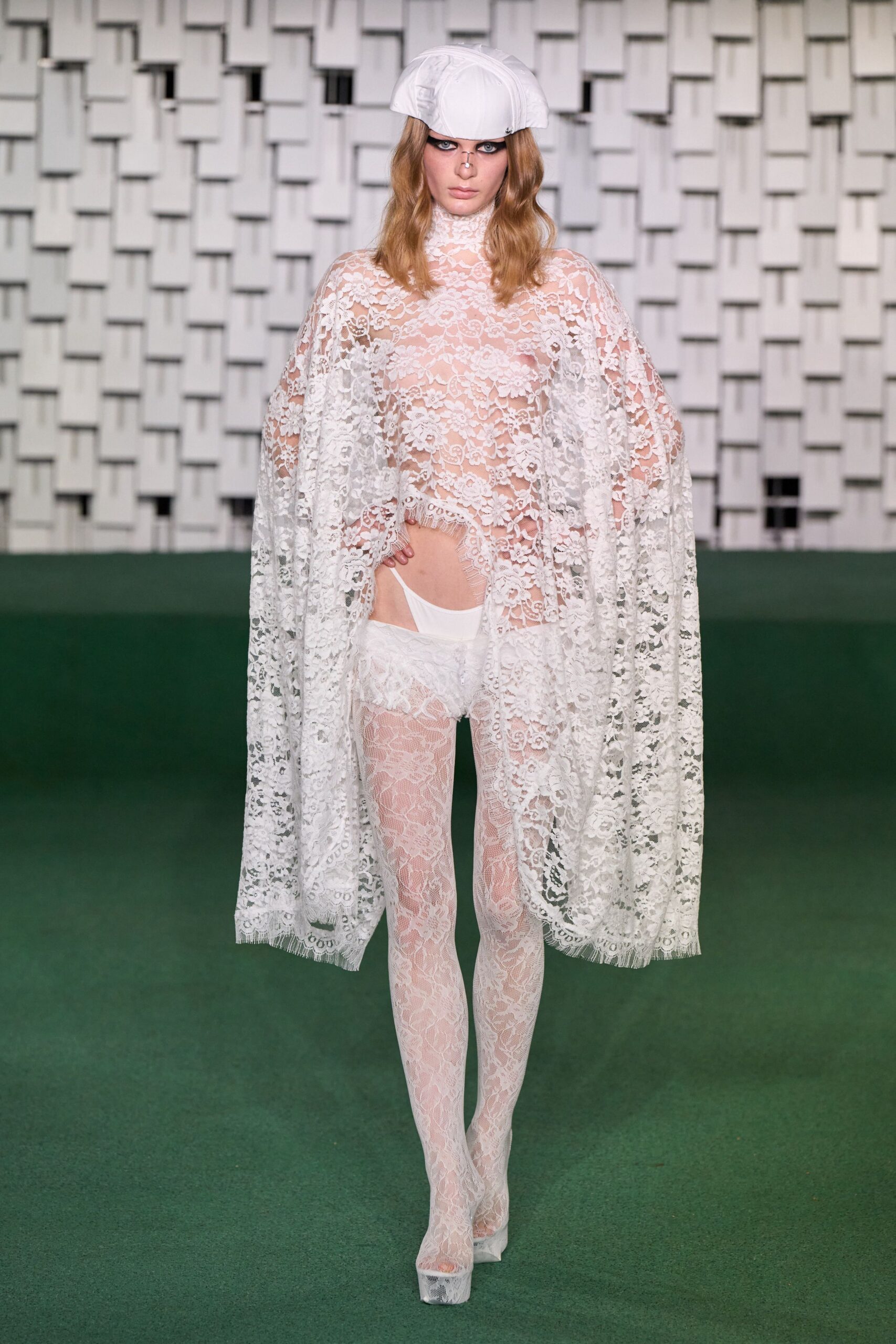 white lace long-sleeve high-neck relaxed sheer flowing cape