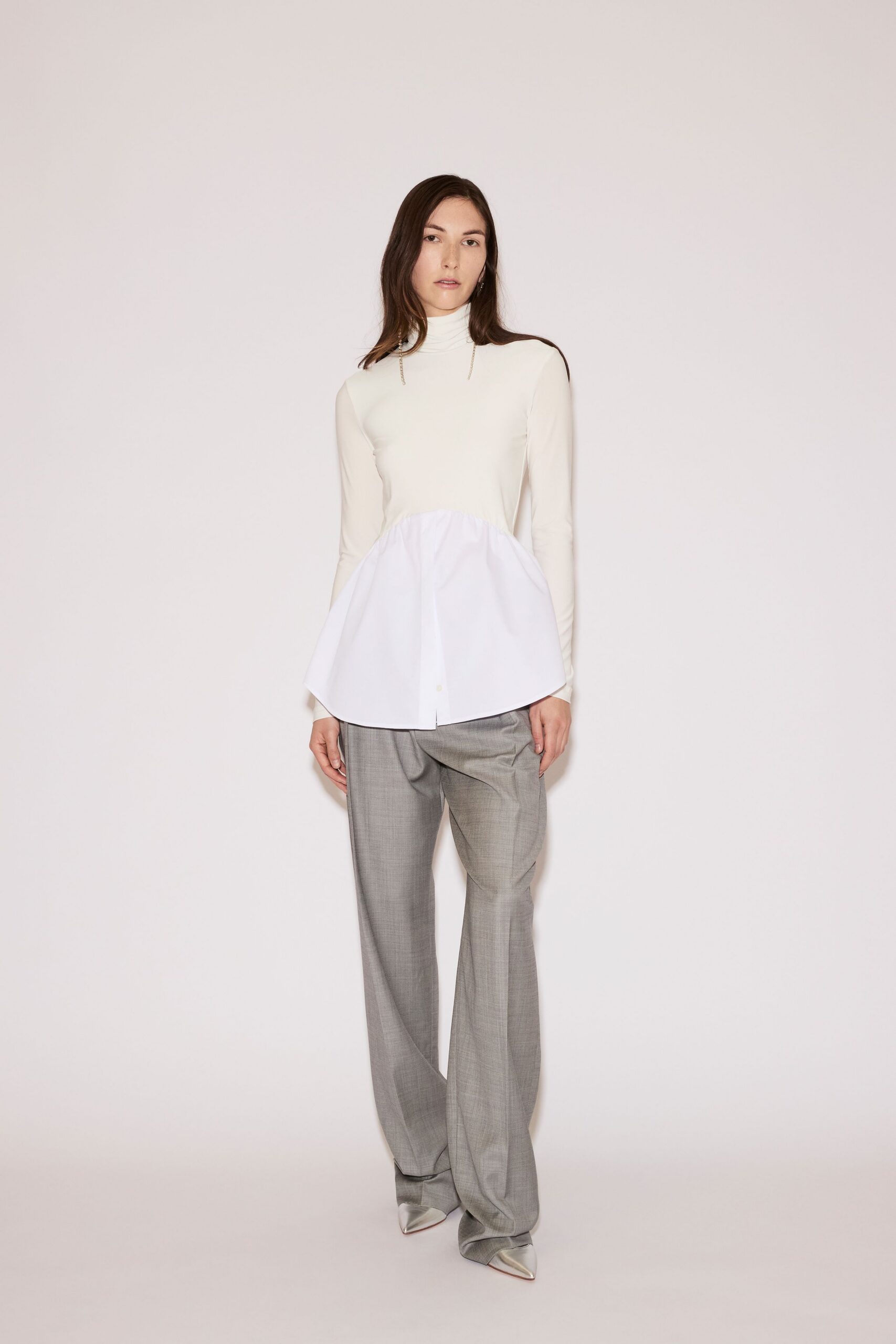 white fitted top gray wide-leg pants