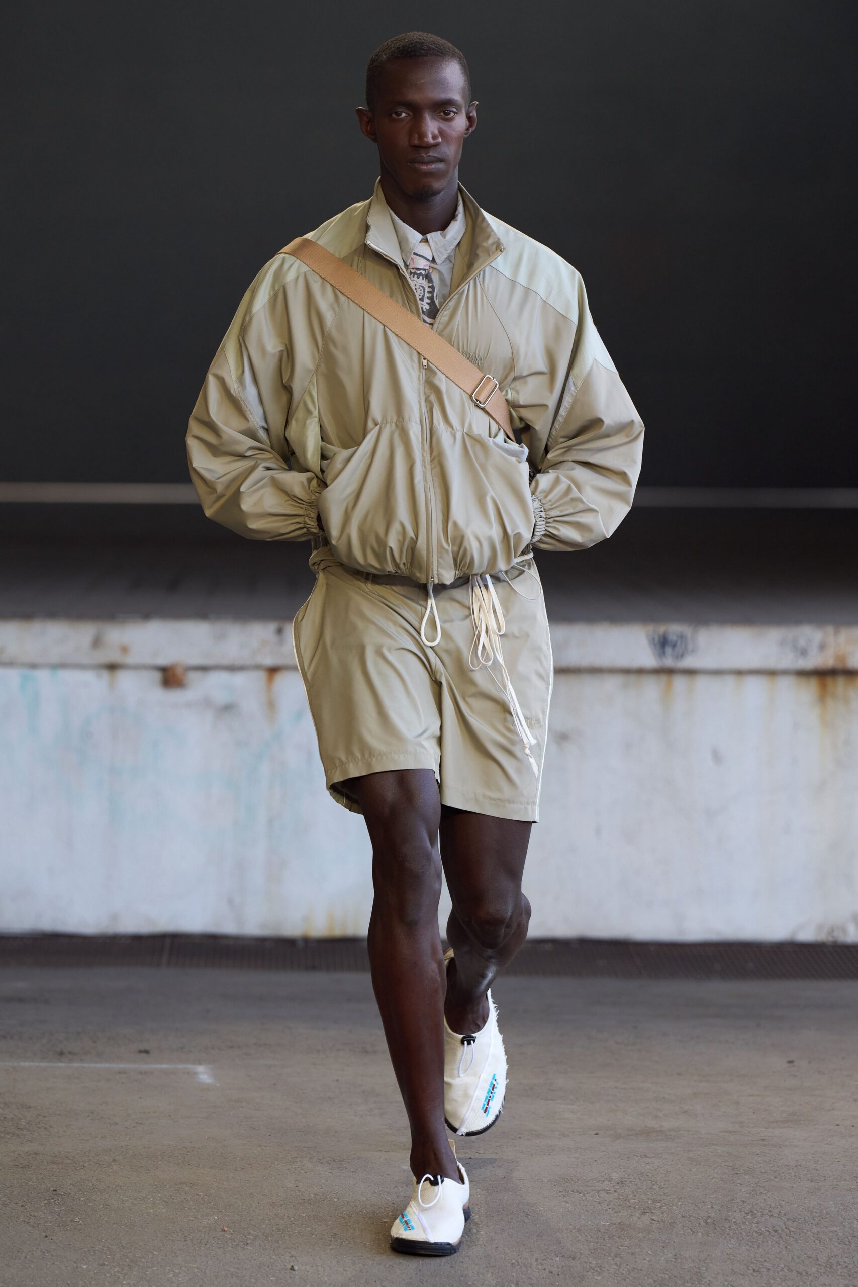 beige relaxed jacket and shorts