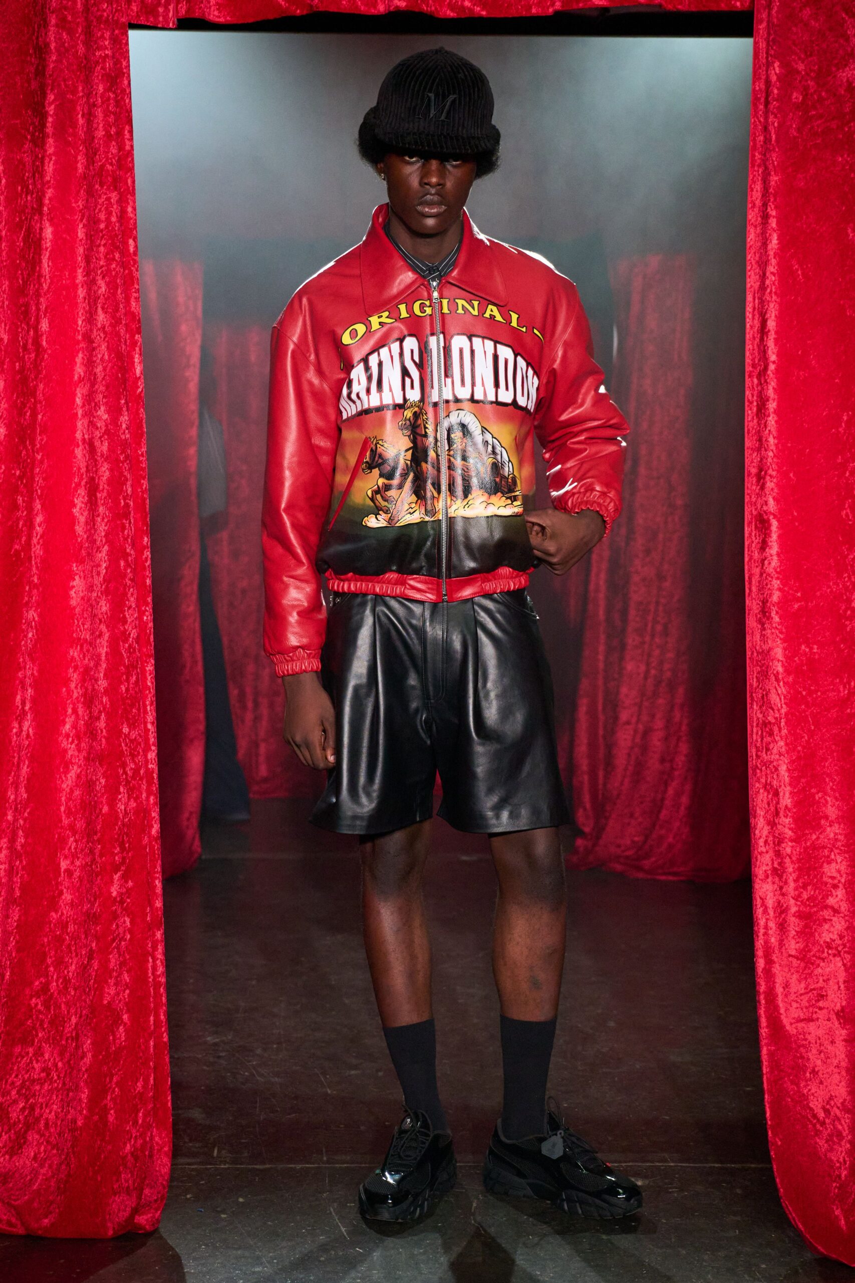 red leather long-sleeve collared fitted printed jacket