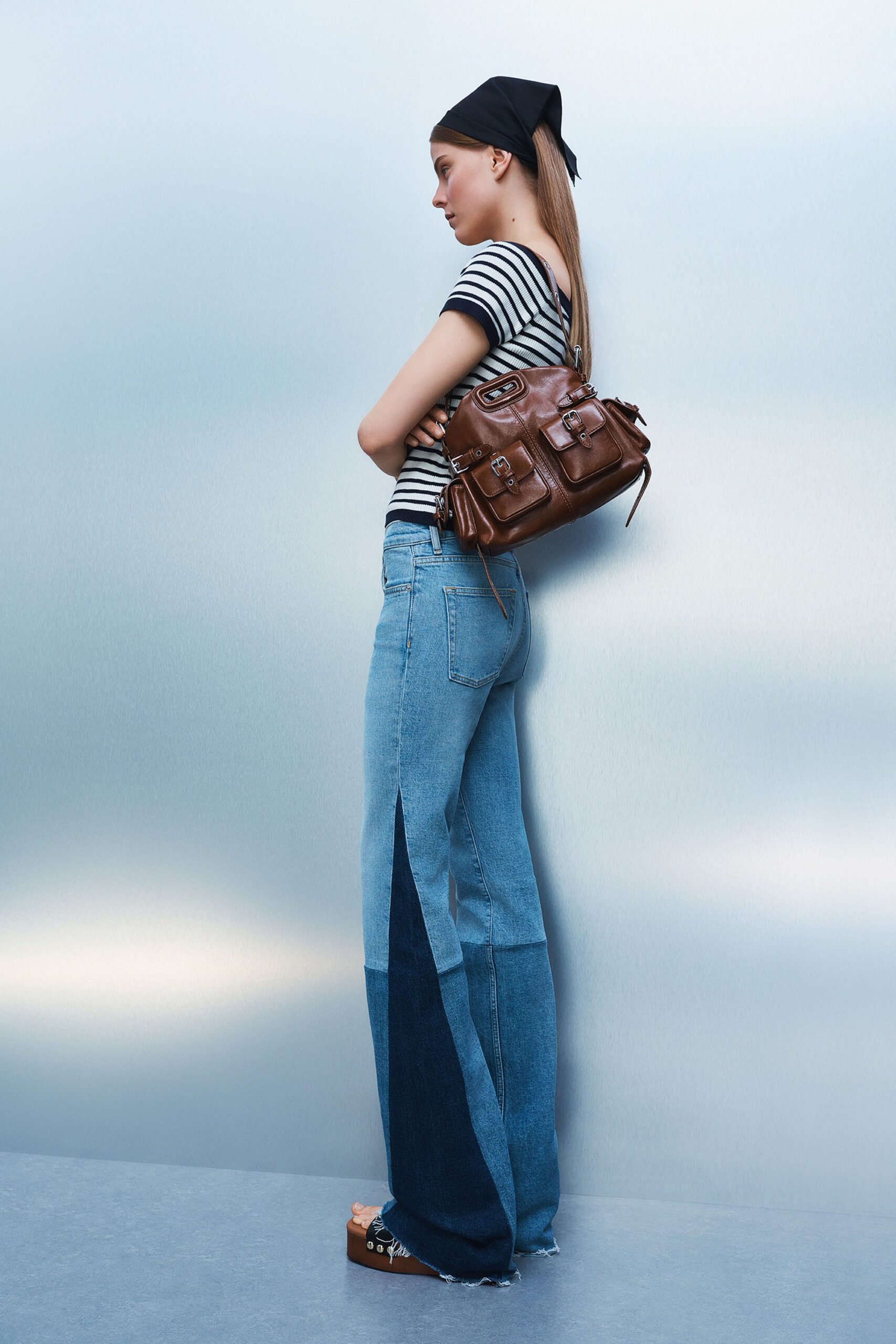 blue denim relaxed flared distressed pants
