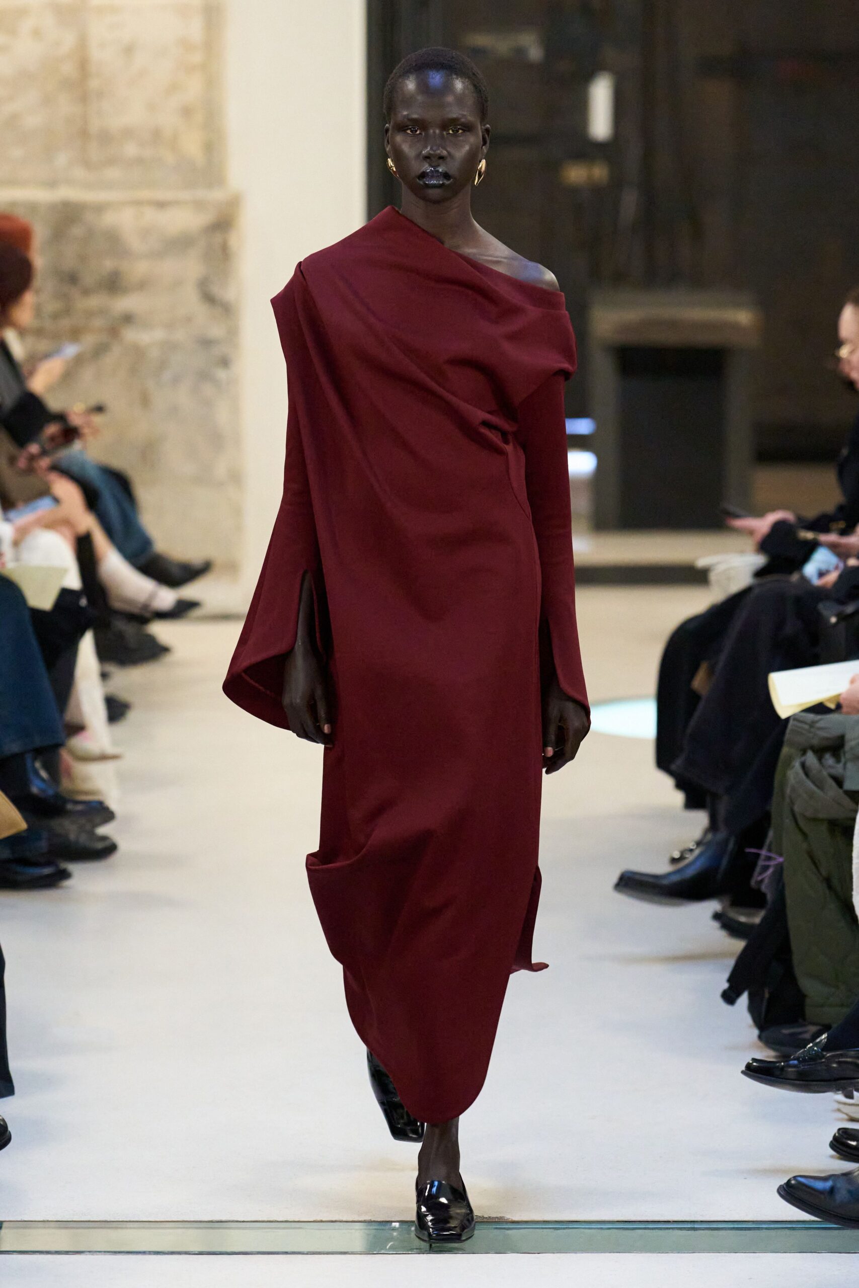 maroon wool long-sleeve off-shoulder fitted draped maxi gown