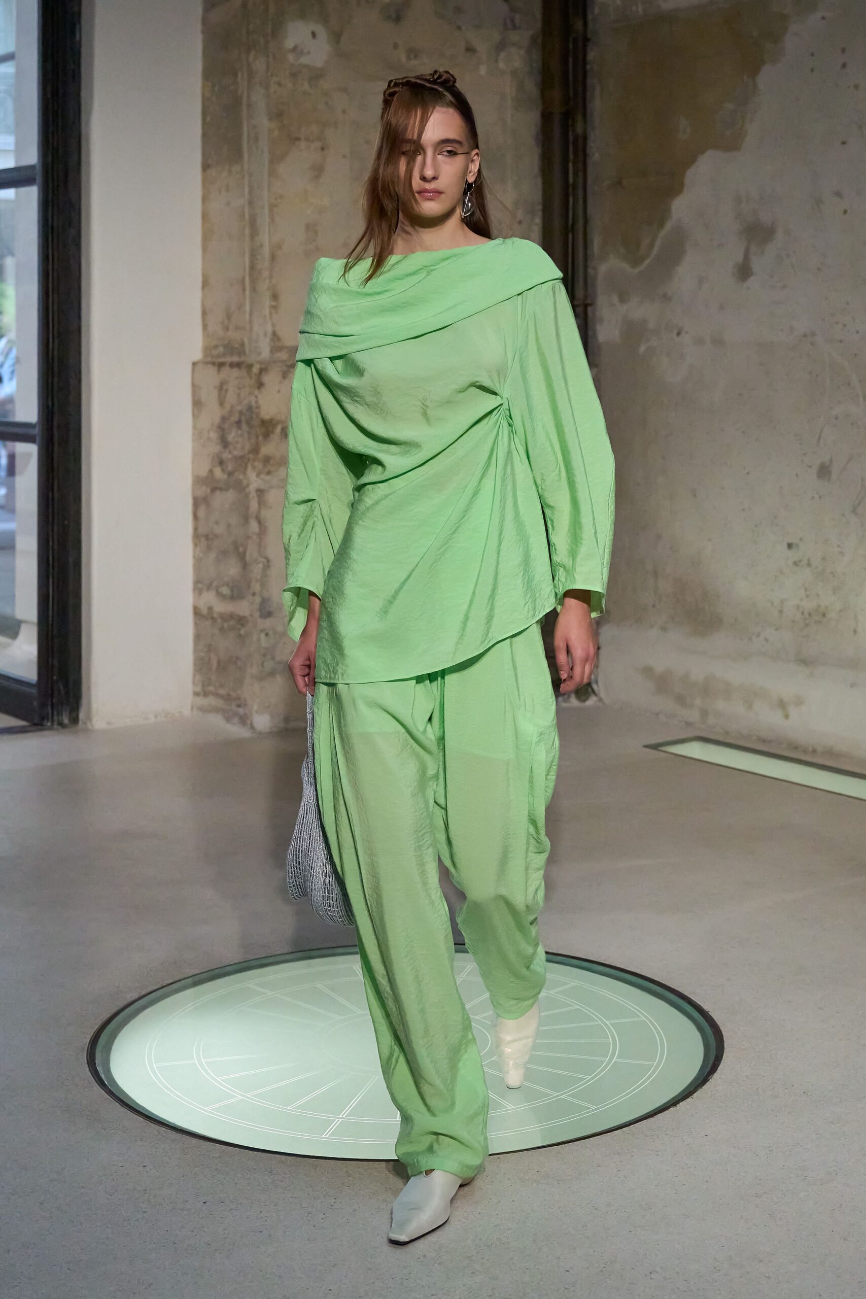 green cotton long-sleeve off-shoulder relaxed draped top