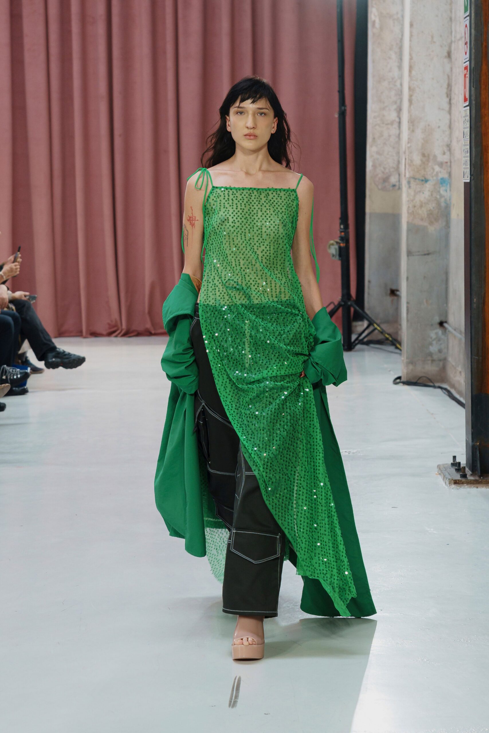 green mesh midi dress with oversized jacket