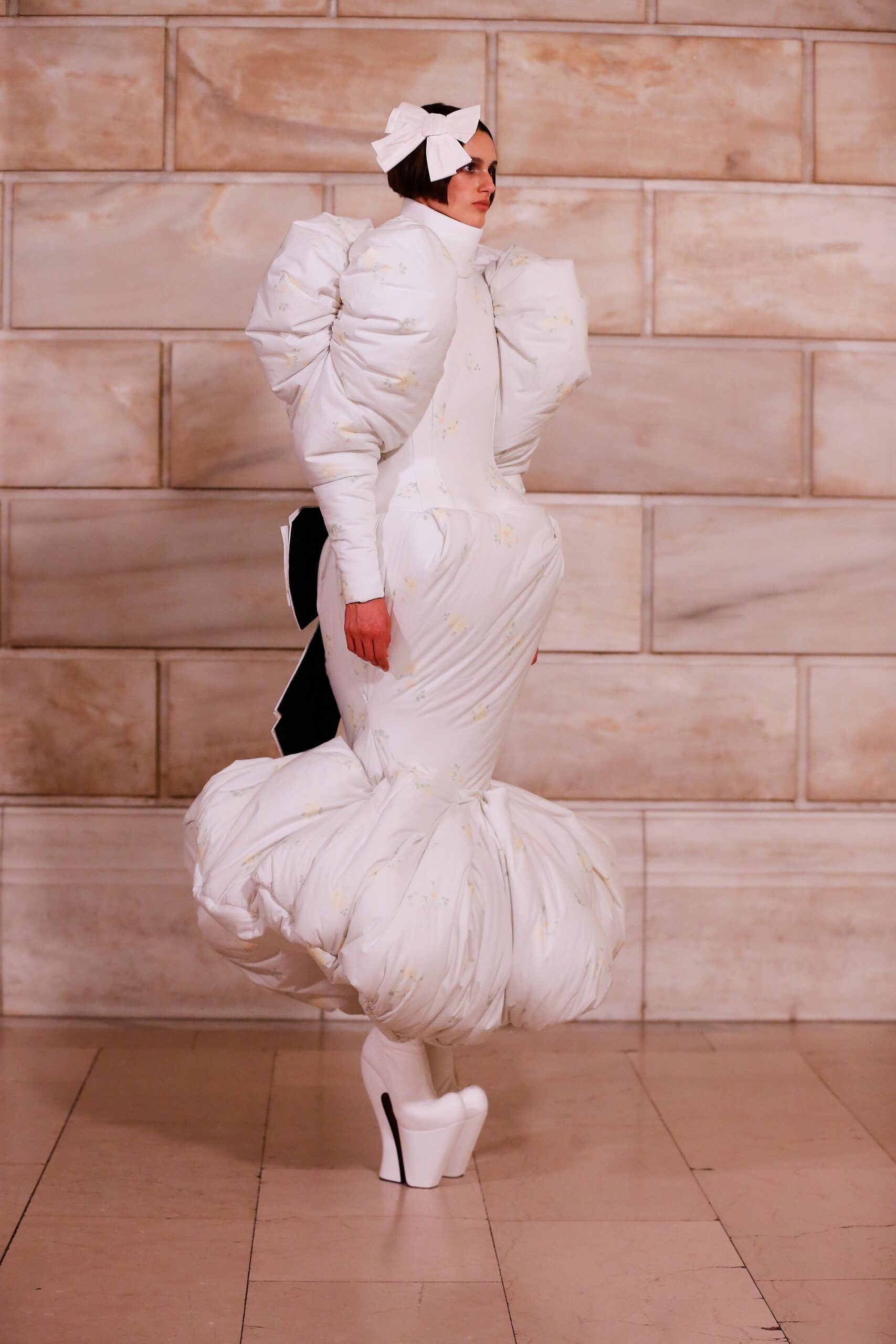 white cotton long-sleeve high-neck fitted padded layered gown