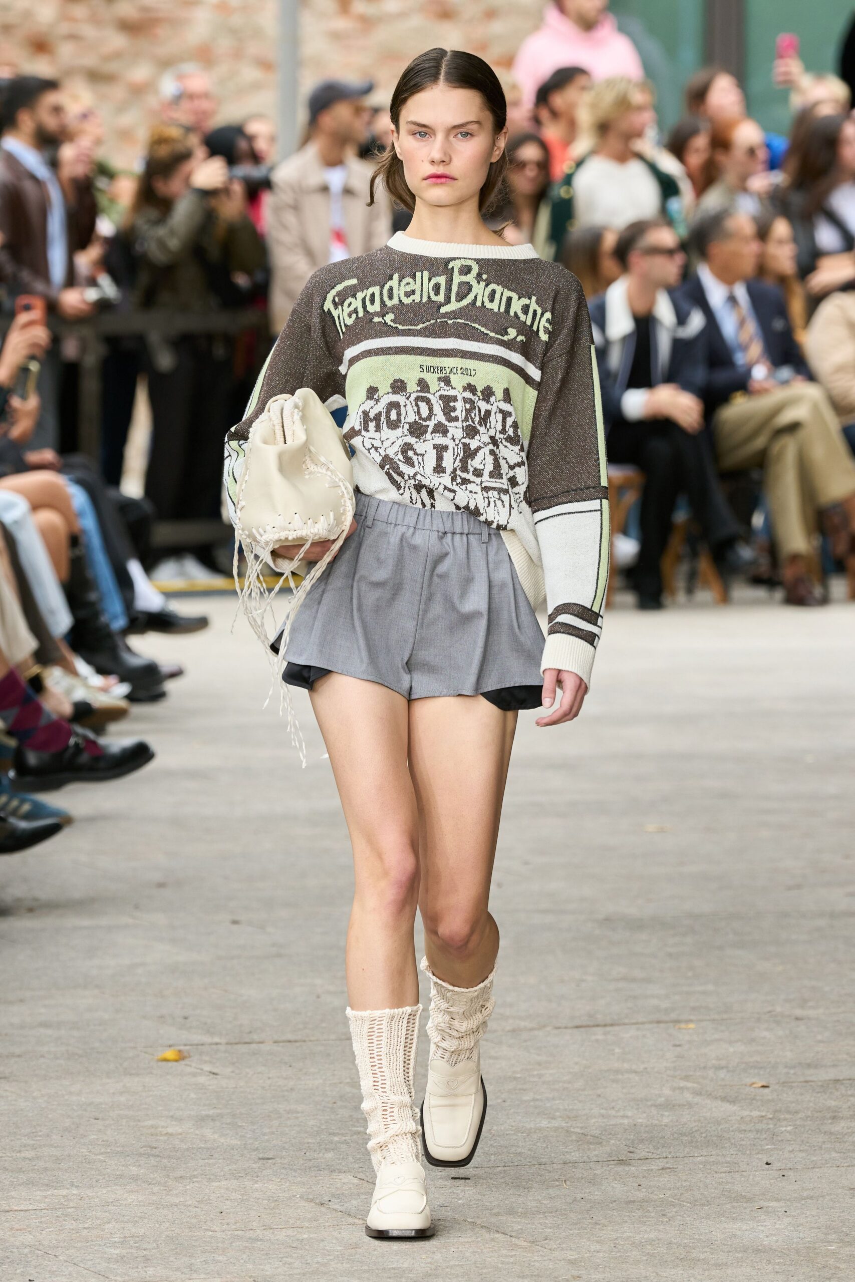 brown cotton long-sleeve collared relaxed printed sweater