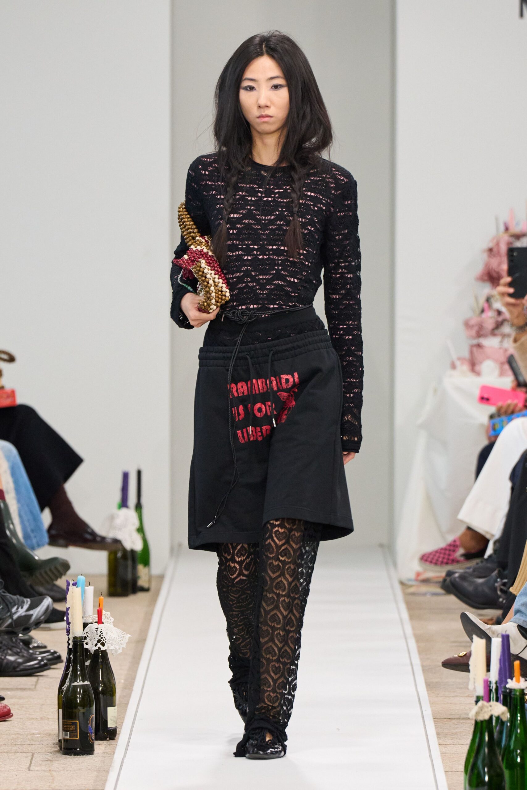 black lace long-sleeve v-neck fitted textured top