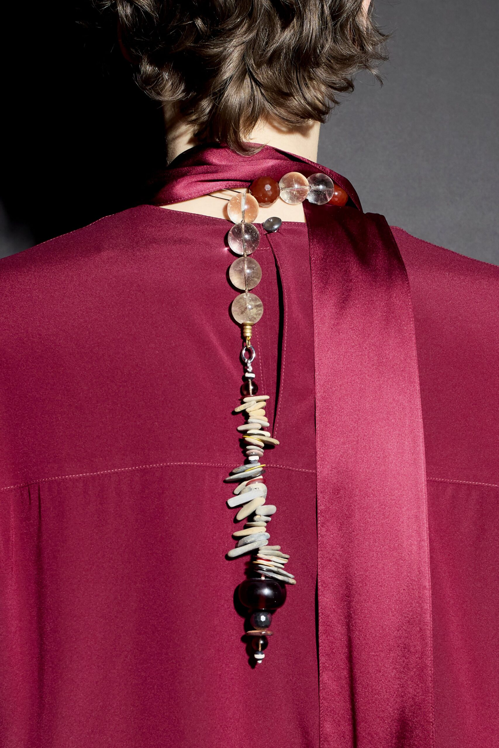 maroon silk long-sleeve relaxed draped dress