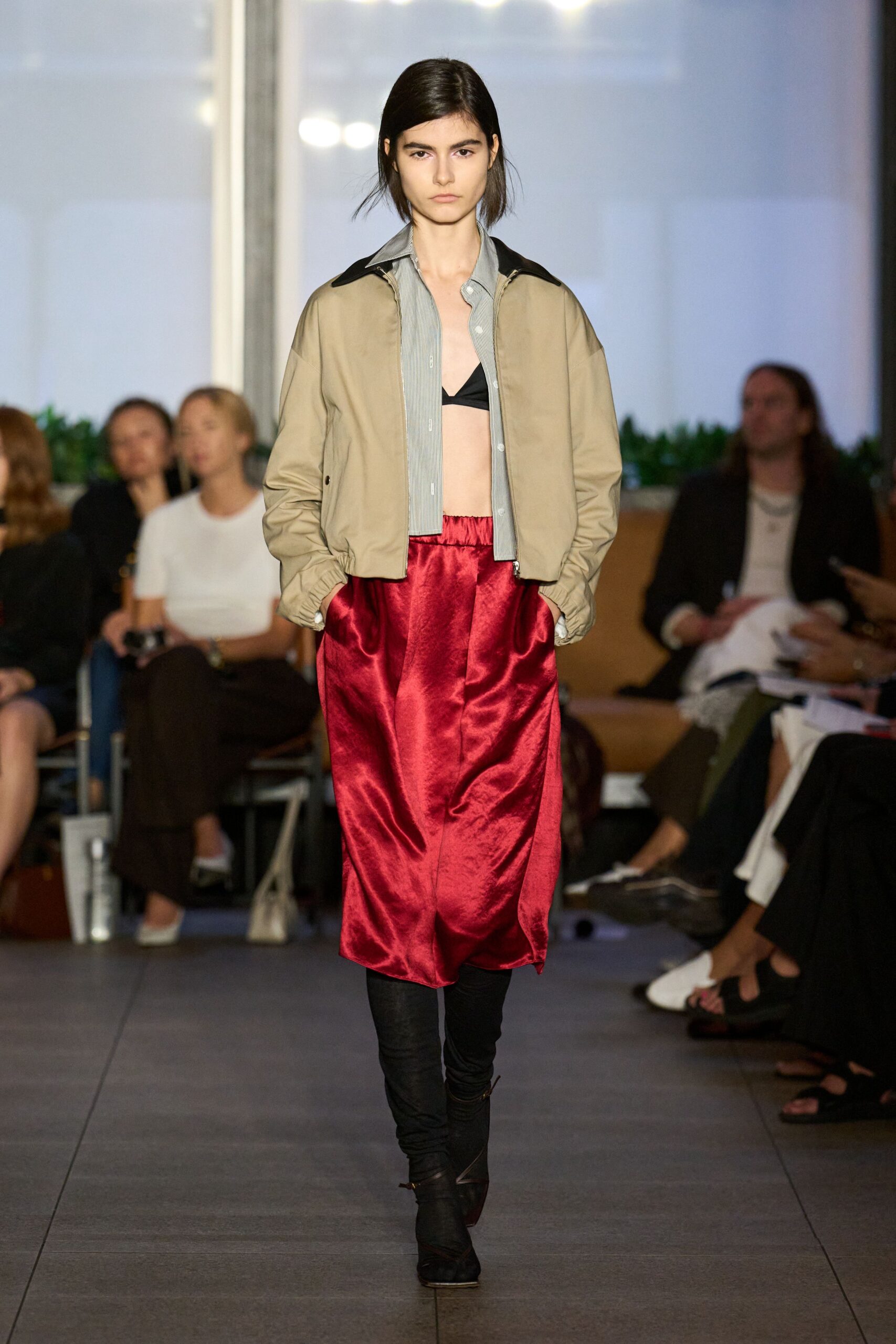 red silk fitted pleated midi skirt