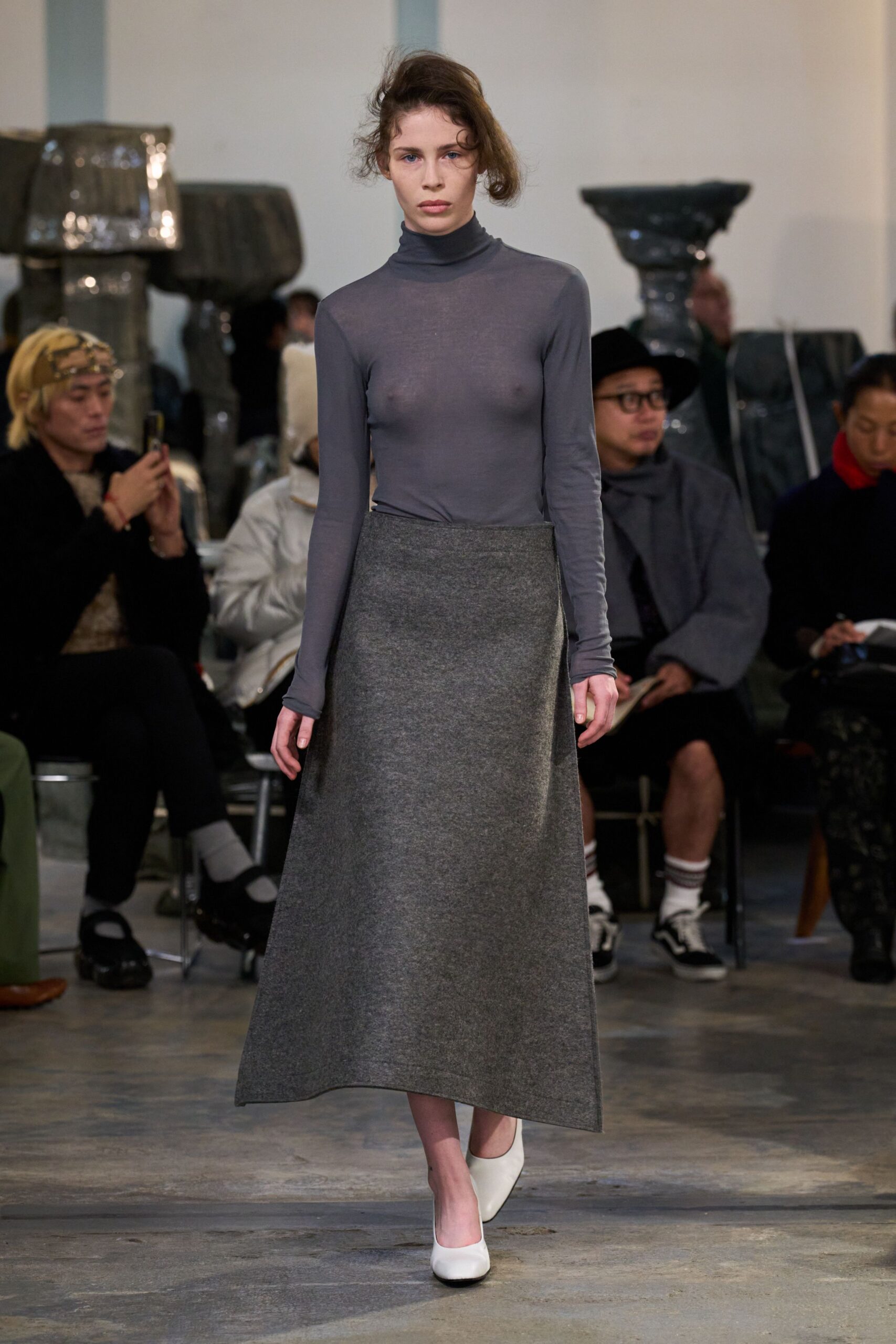 gray fitted top and midi skirt