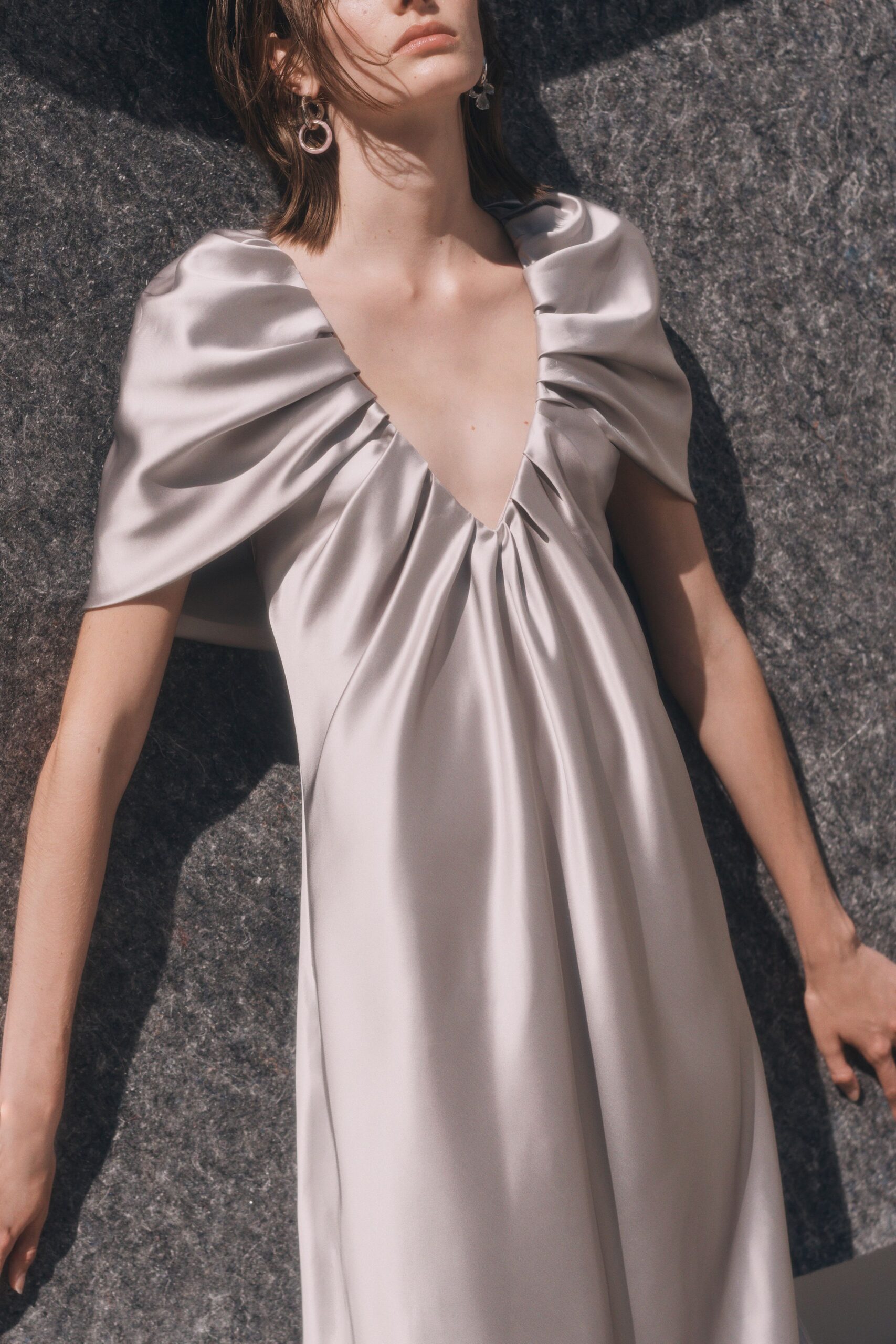 gray silk draped dress