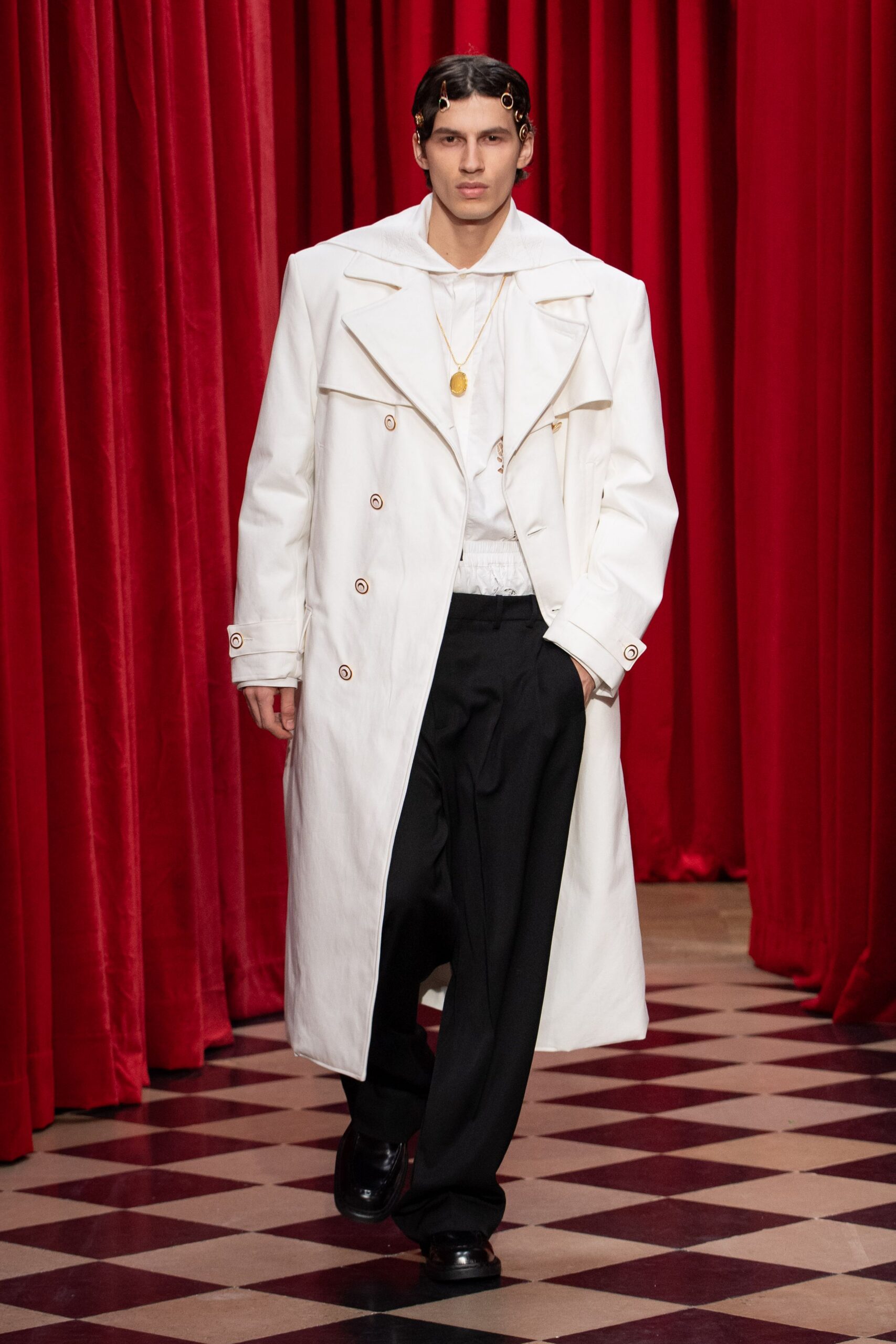 white coat black pants outfit