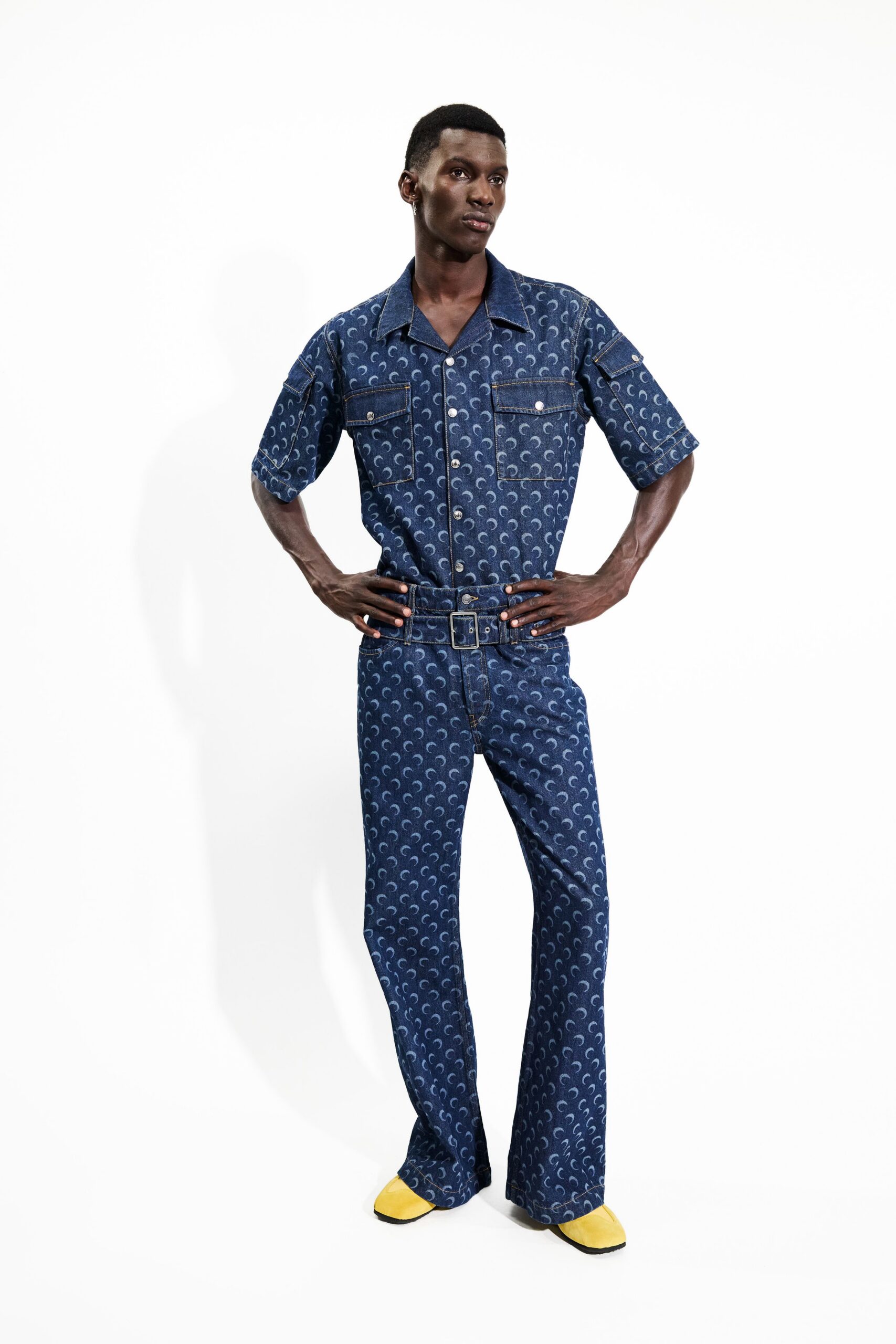 blue denim short-sleeve collared fitted printed jumpsuit