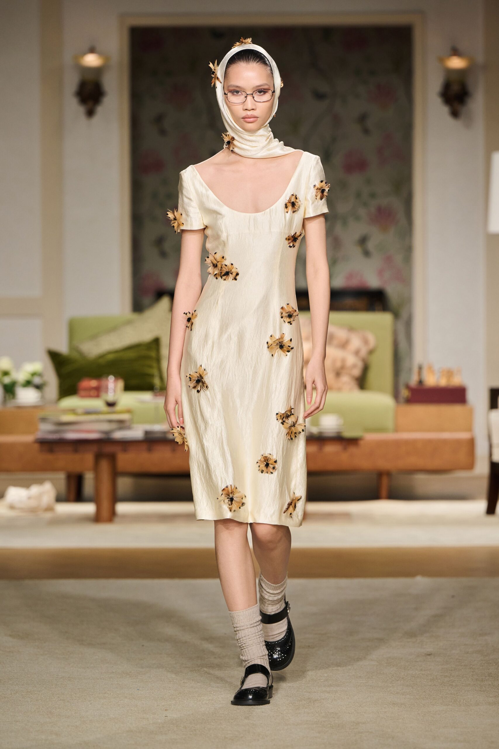 ivory silk sleeveless square-neck fitted embroidered midi dress
